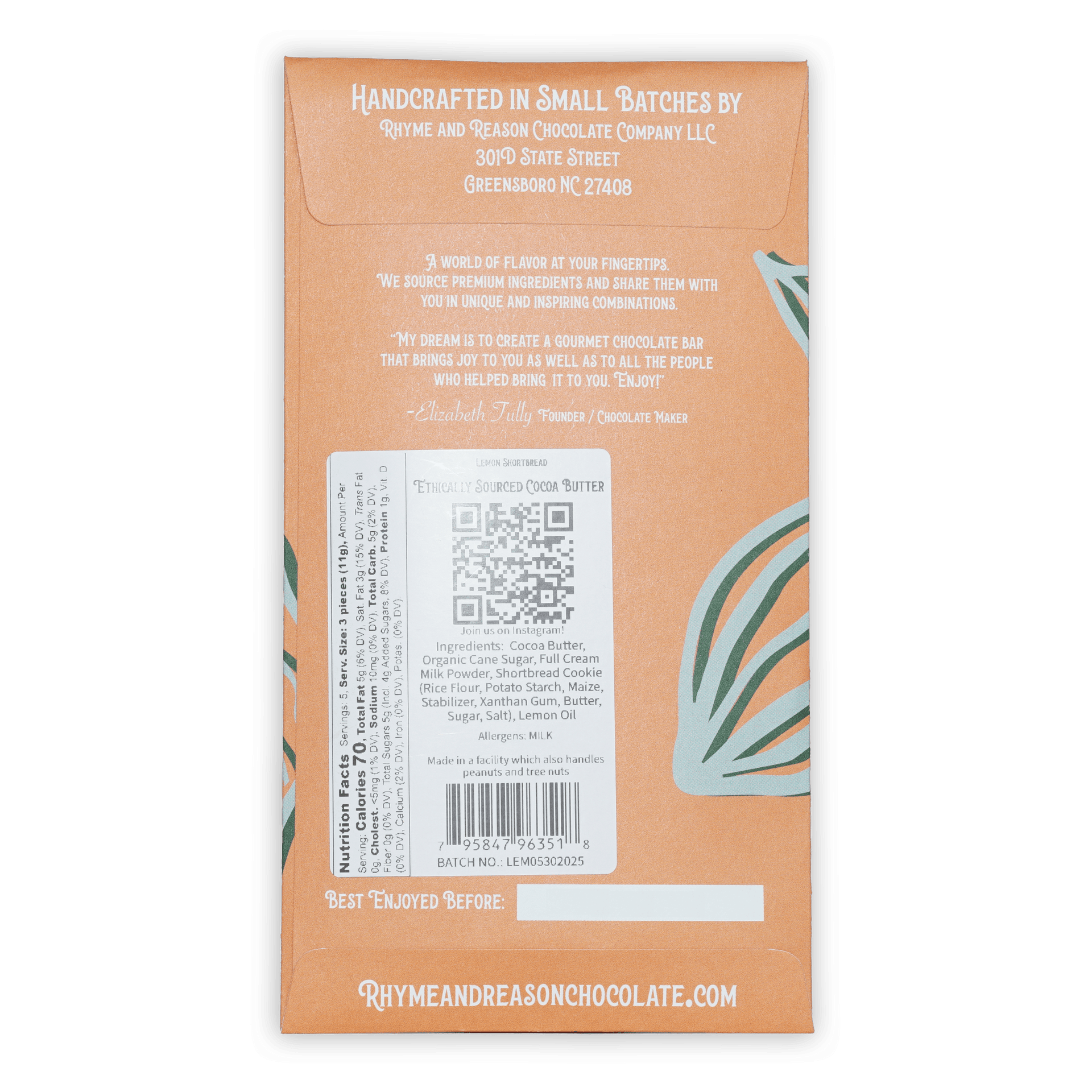 Rhyme and Reason white lemon shortbread cookie orange-wrapped chocolate bar