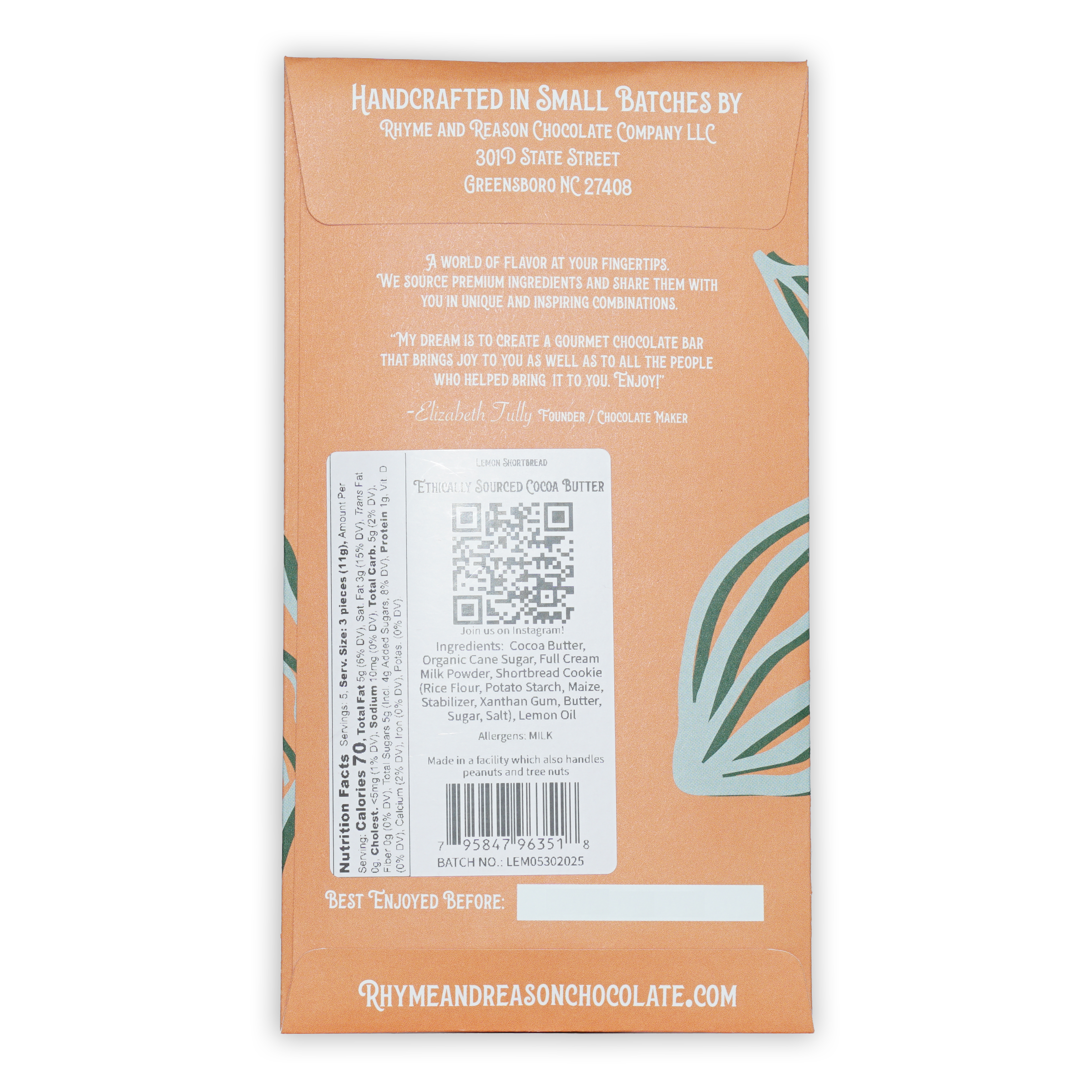 Rhyme and Reason white lemon shortbread cookie orange-wrapped chocolate bar