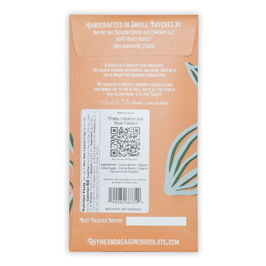 Rhyme and Reason passionfruit chocolate bar wrapper with leaves