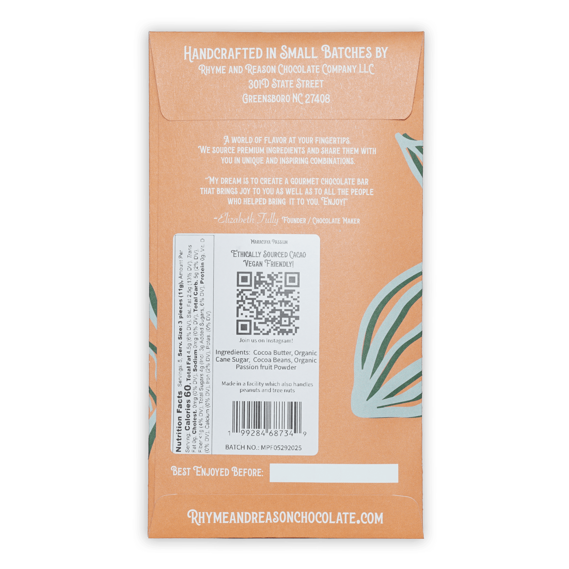 Rhyme and Reason passionfruit chocolate bar wrapper with leaves