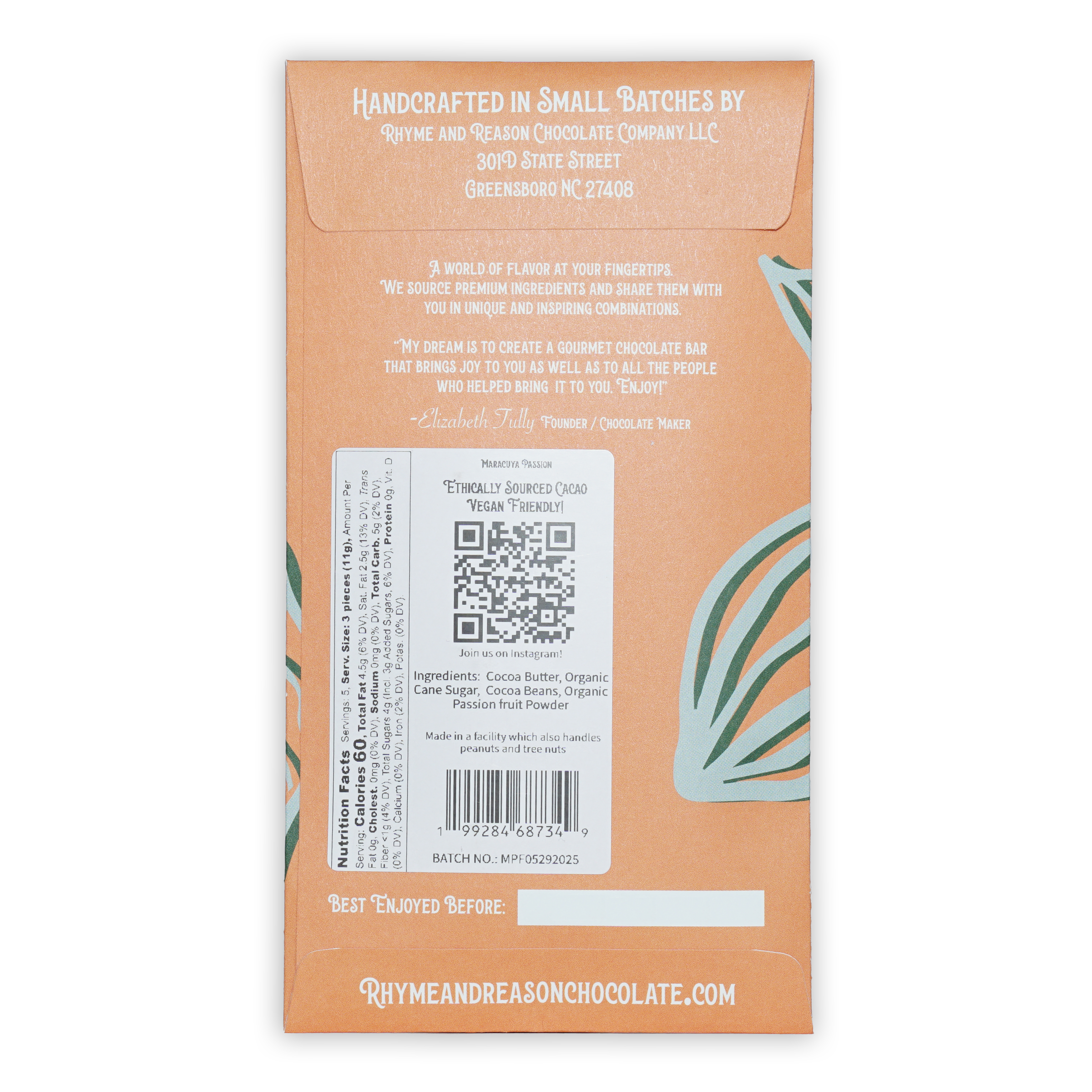 Rhyme and Reason passionfruit chocolate bar wrapper with leaves