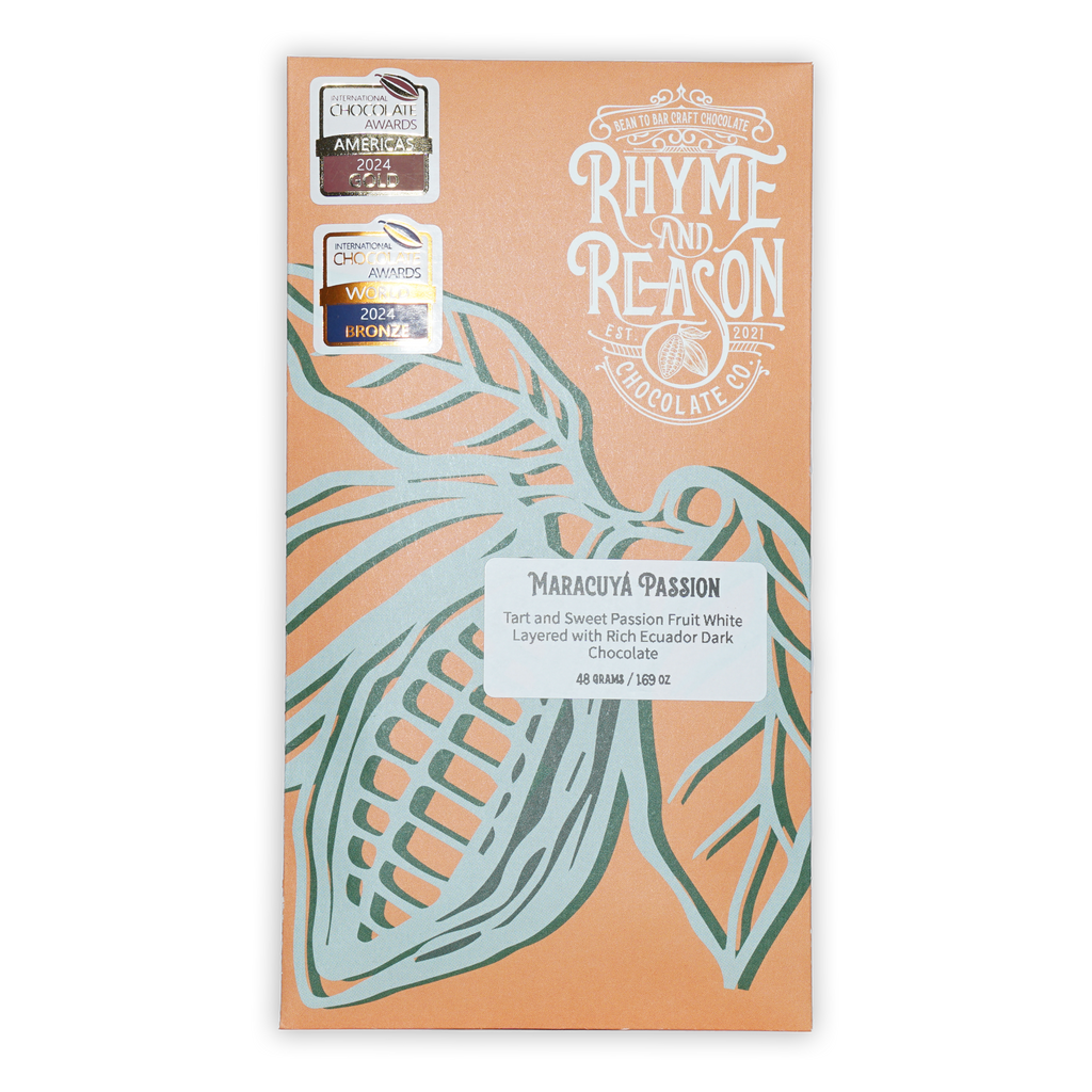 Rhyme & Reason Dark & White Passionfruit Chocolate peach wrapper