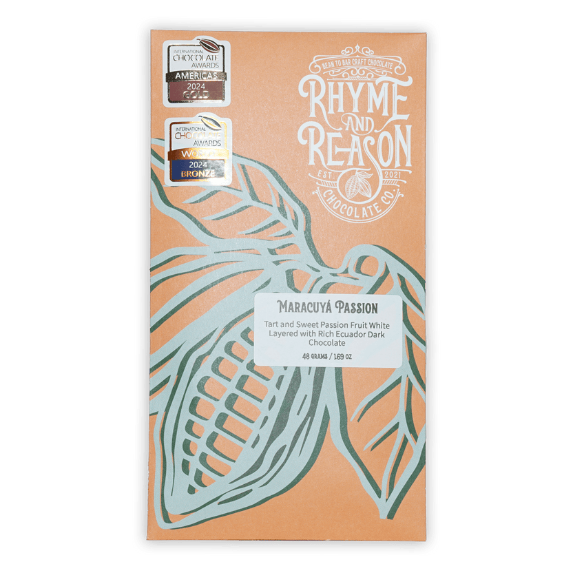 Rhyme & Reason Dark & White Passionfruit Chocolate peach wrapper