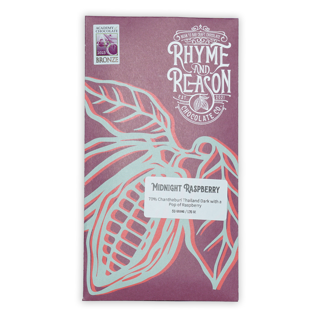 Rhyme and Reason Midnight Raspberry 70% purple chocolate bar wrapper