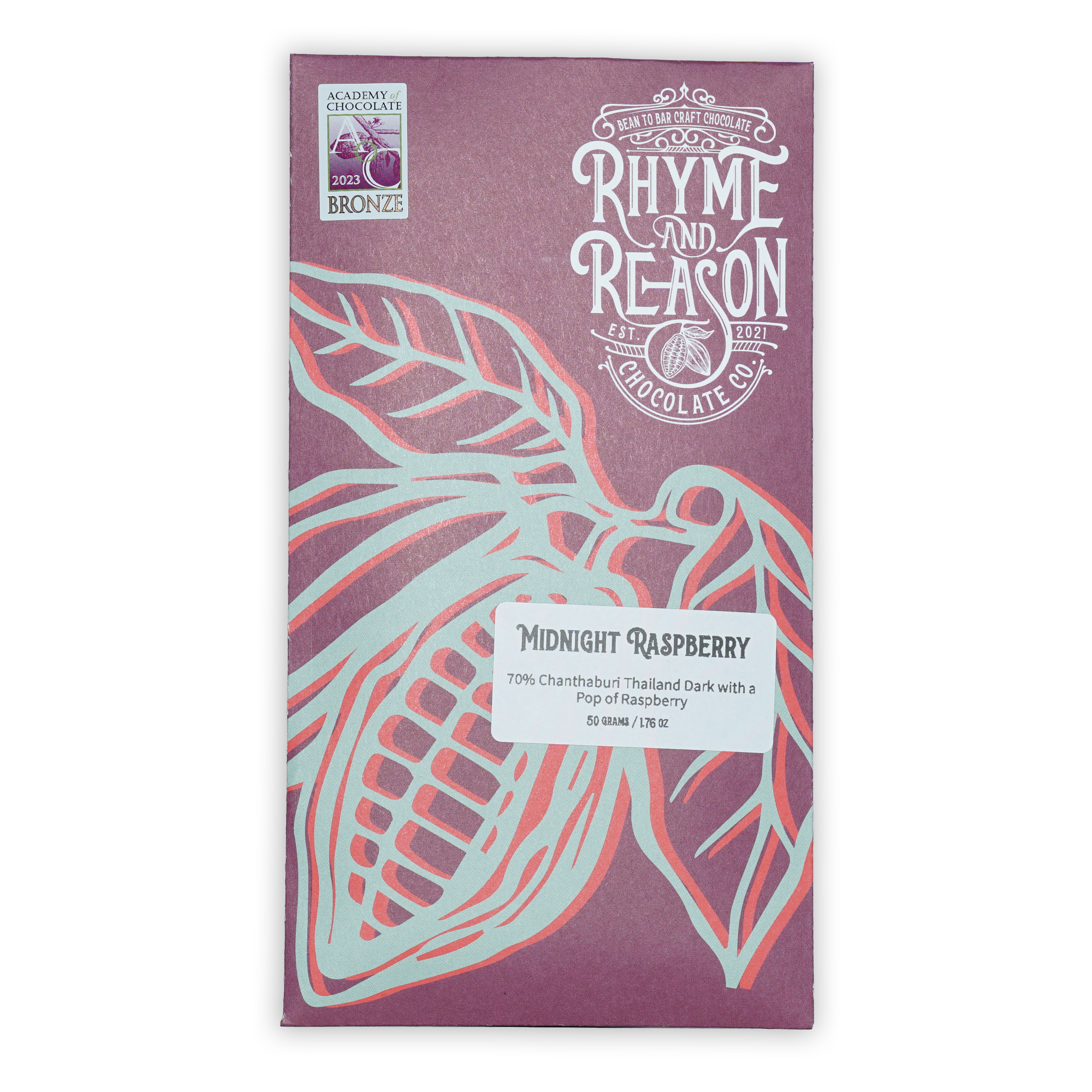 Rhyme and Reason Midnight Raspberry 70% purple chocolate bar wrapper