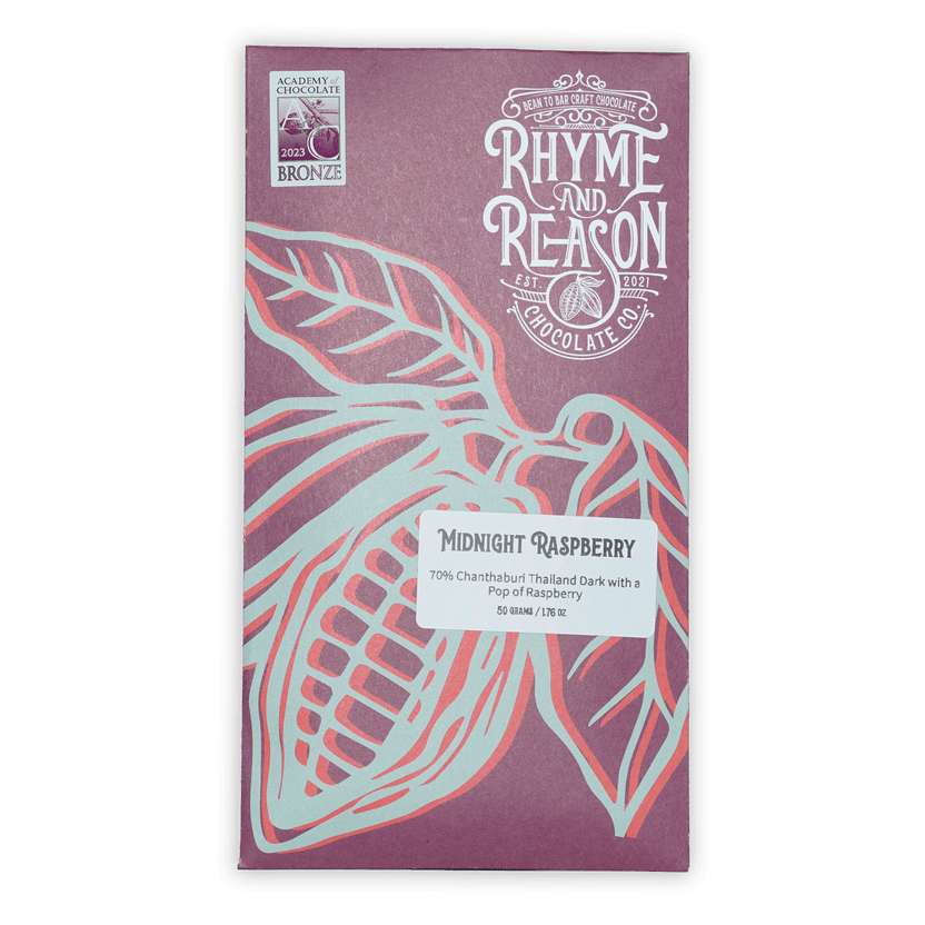 Rhyme and Reason Midnight Raspberry 70% purple chocolate bar wrapper