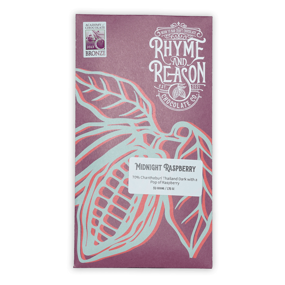 Rhyme and Reason Midnight Raspberry 70% purple chocolate bar wrapper