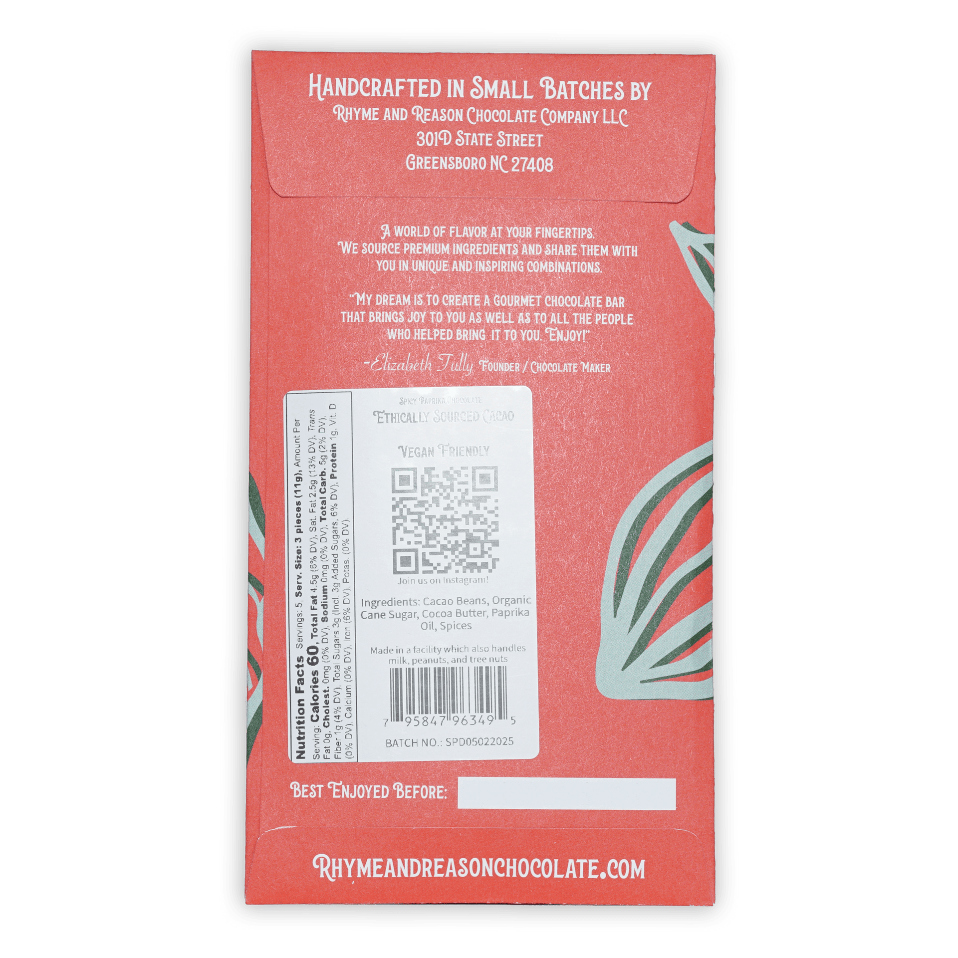Back of Rhyme and Reason Dark Spicy Paprika 75% bar: red wrapper with green leaf design and white ingredient text