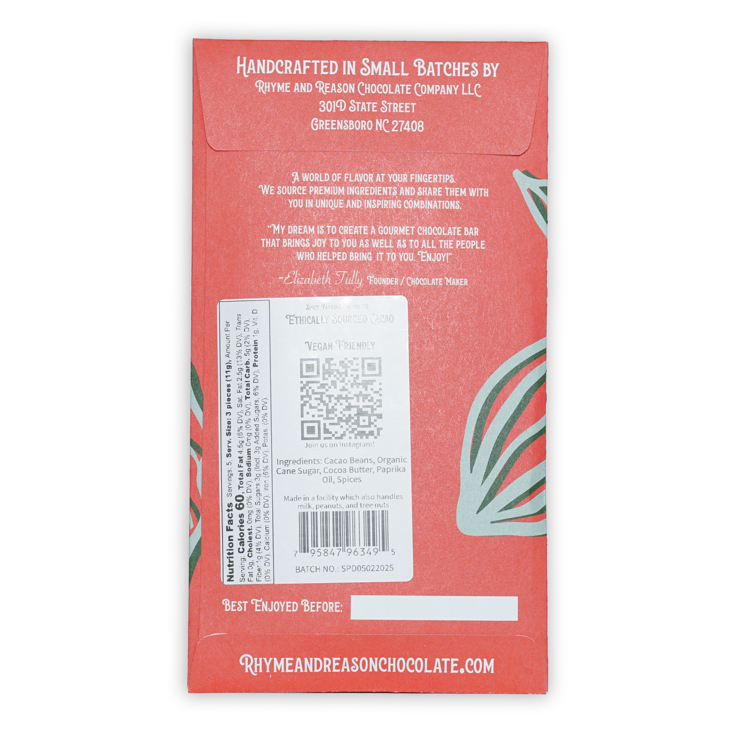 Back of Rhyme and Reason Dark Spicy Paprika 75% bar: red wrapper with green leaf design and white ingredient text