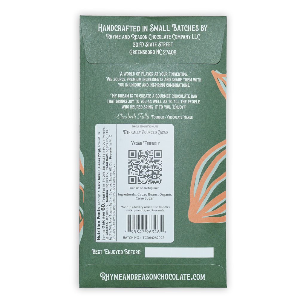 Back of Rhyme and Reason Dark Thailand 72% green chocolate bar with orange leaves
