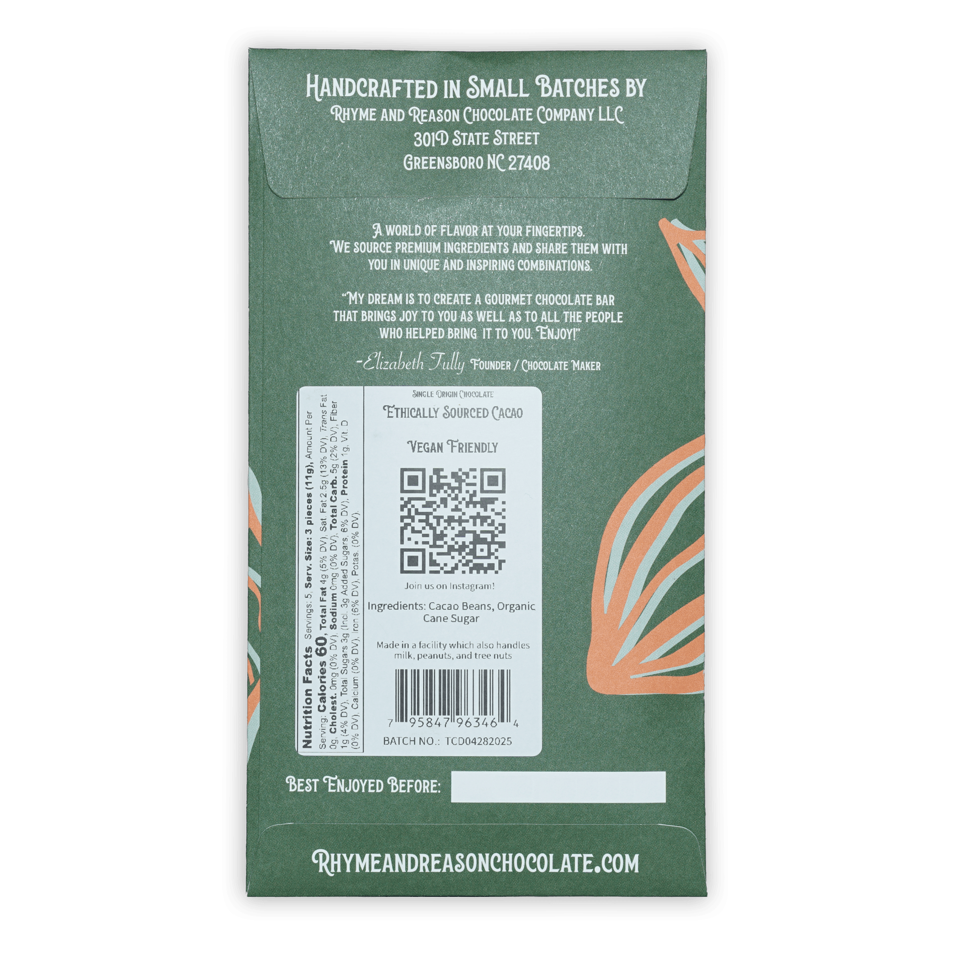 Back of Rhyme and Reason Dark Thailand 72% green chocolate bar with orange leaves