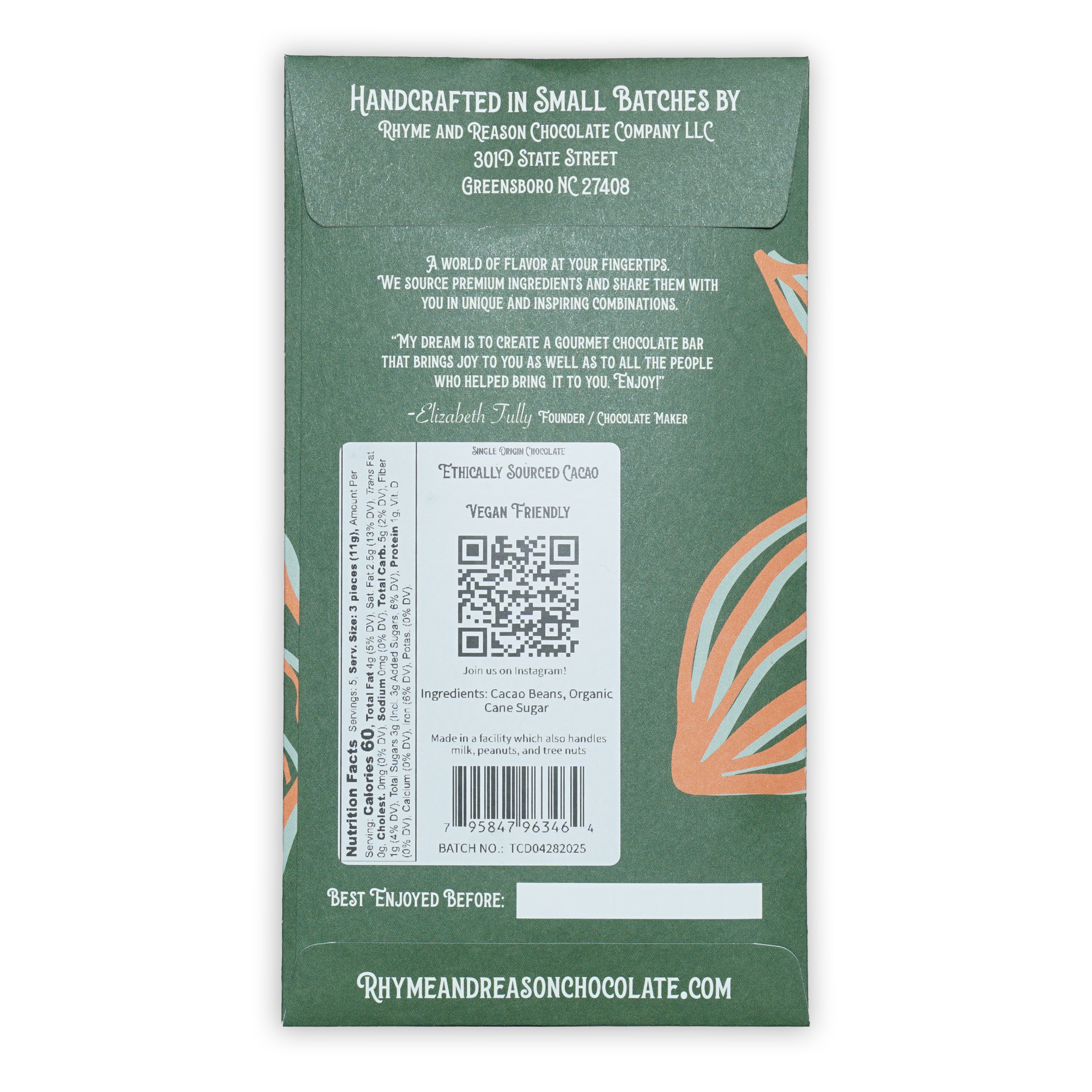 Back of Rhyme and Reason Dark Thailand 72% green chocolate bar with orange leaves