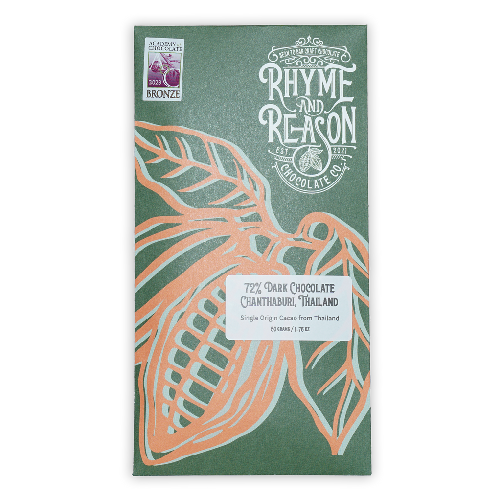 Rhyme and Reason Dark Thailand 72% matte green wrapper with cacao pod