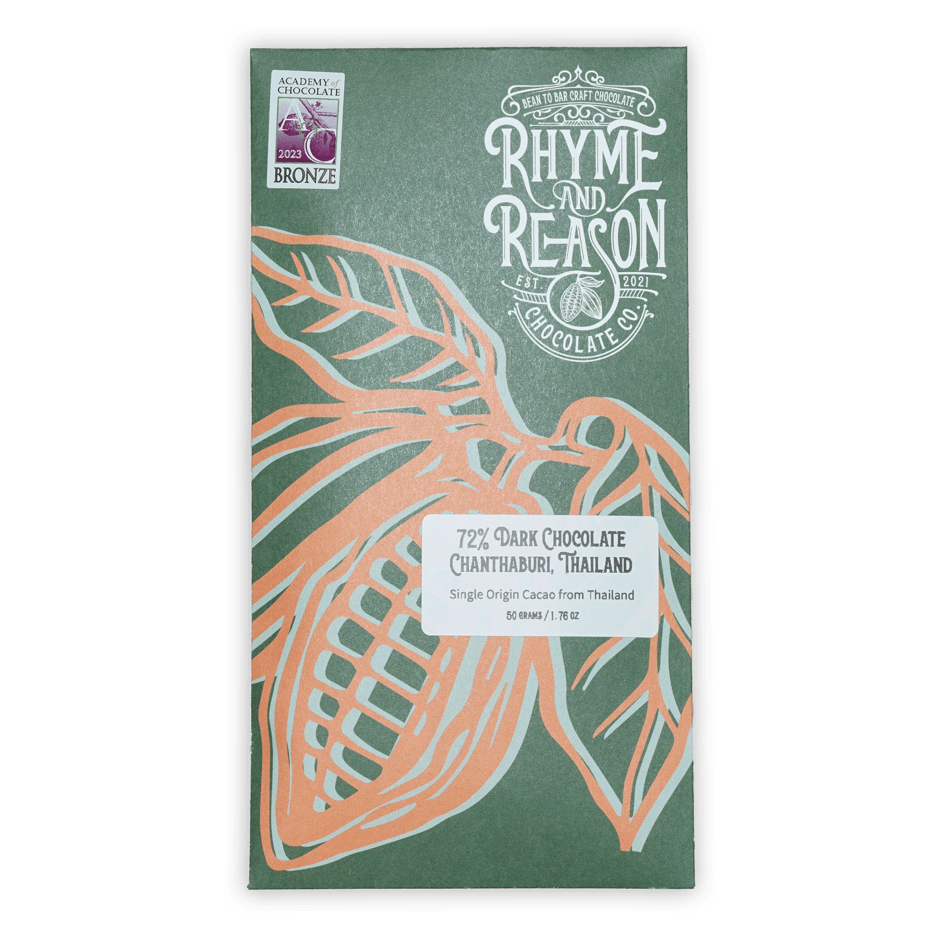 Rhyme and Reason Dark Thailand 72% matte green wrapper with cacao pod