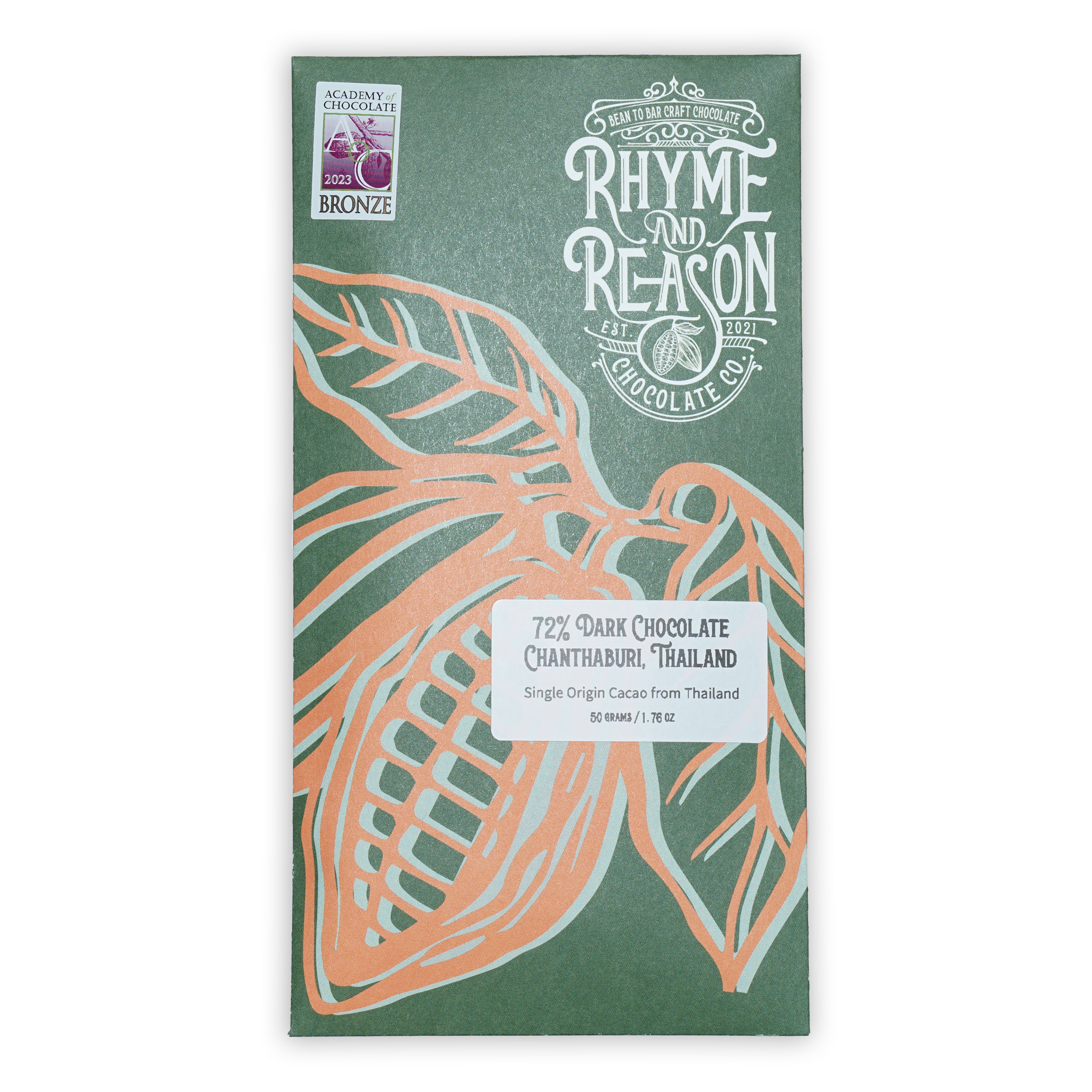 Rhyme and Reason Dark Thailand 72% matte green wrapper with cacao pod