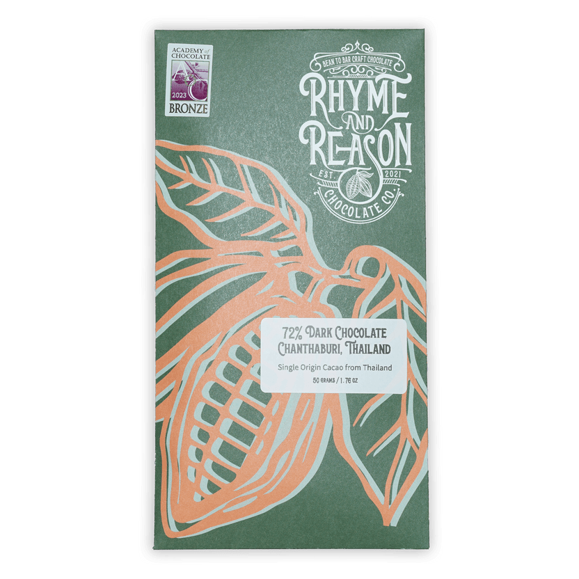 Rhyme and Reason Dark Thailand 72% matte green wrapper with cacao pod