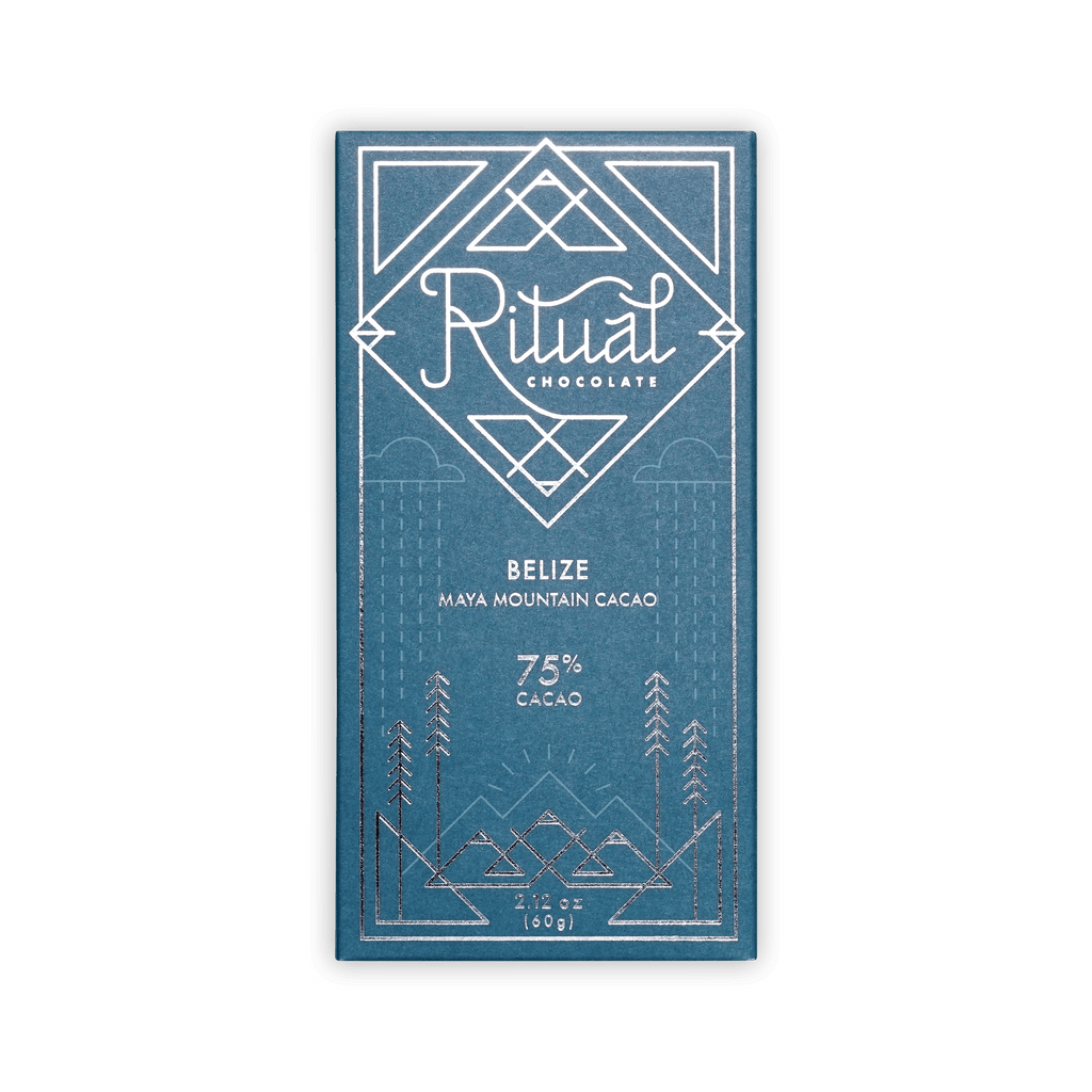 Ritual Chocolate Belize bar, teal box with silver line-art mountains, reading Maya Mountain Cacao 75% Cacao