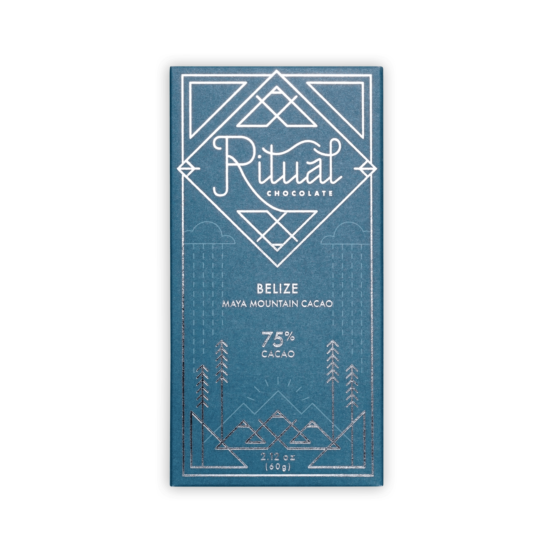 Ritual Chocolate Belize bar, teal box with silver line-art mountains, reading Maya Mountain Cacao 75% Cacao