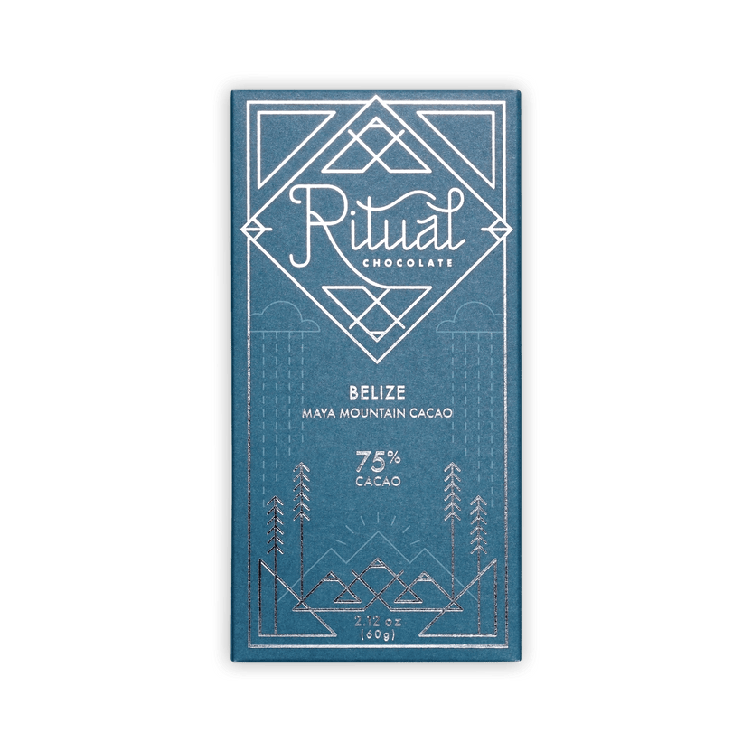 Ritual Chocolate Belize bar, teal box with silver line-art mountains, reading Maya Mountain Cacao 75% Cacao