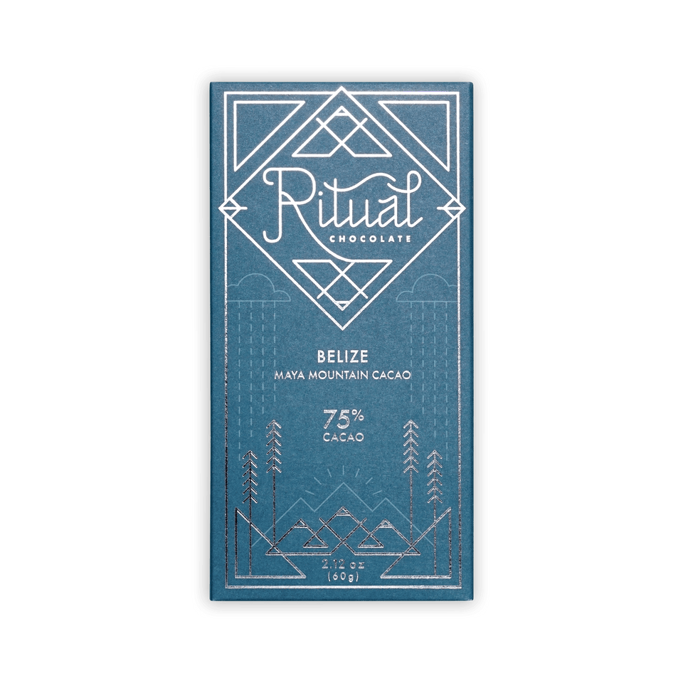 Ritual Chocolate Belize bar, teal box with silver line-art mountains, reading Maya Mountain Cacao 75% Cacao