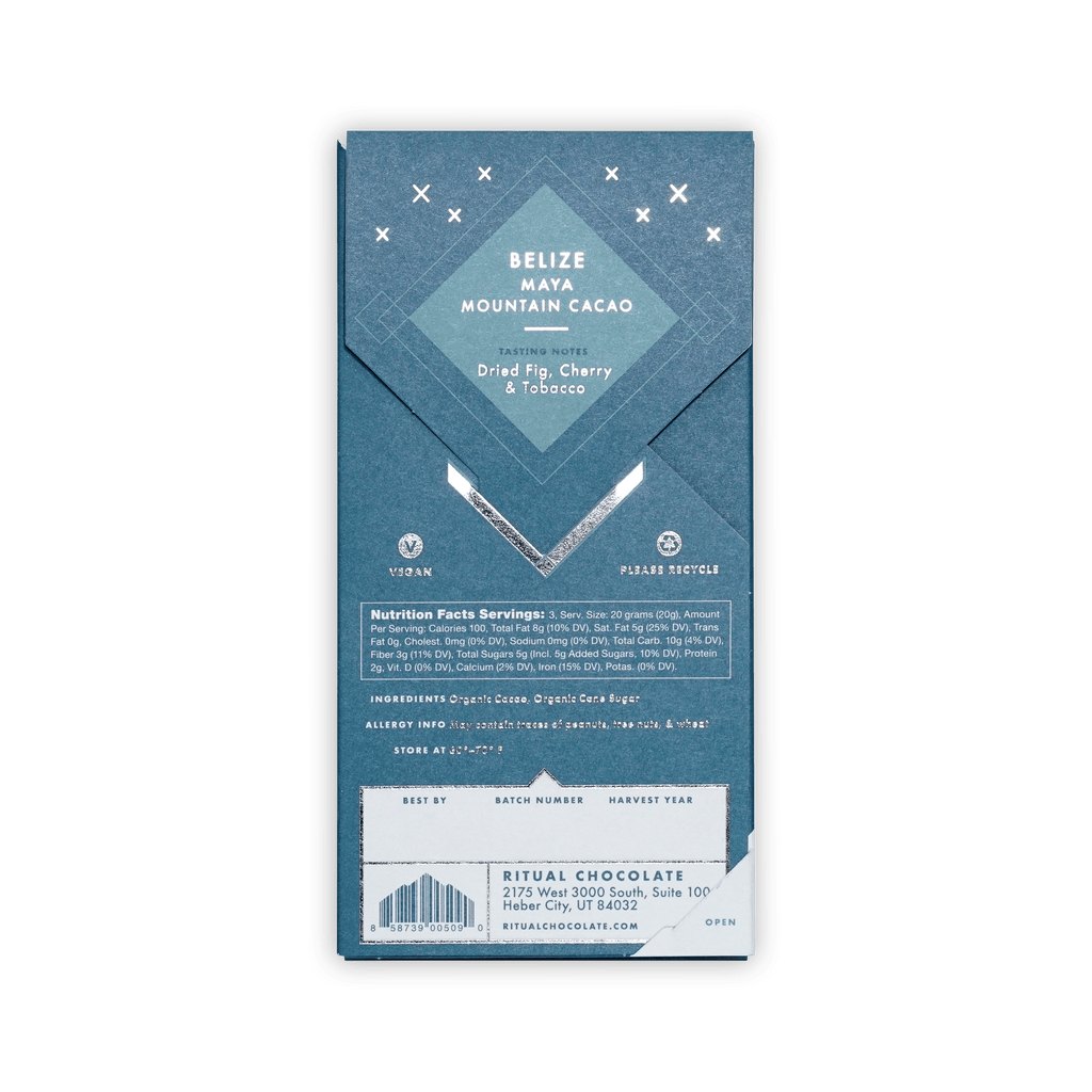 Back of Ritual Belize teal box, tasting notes dried fig, cherry and tobacco, vegan mark and nutrition panel