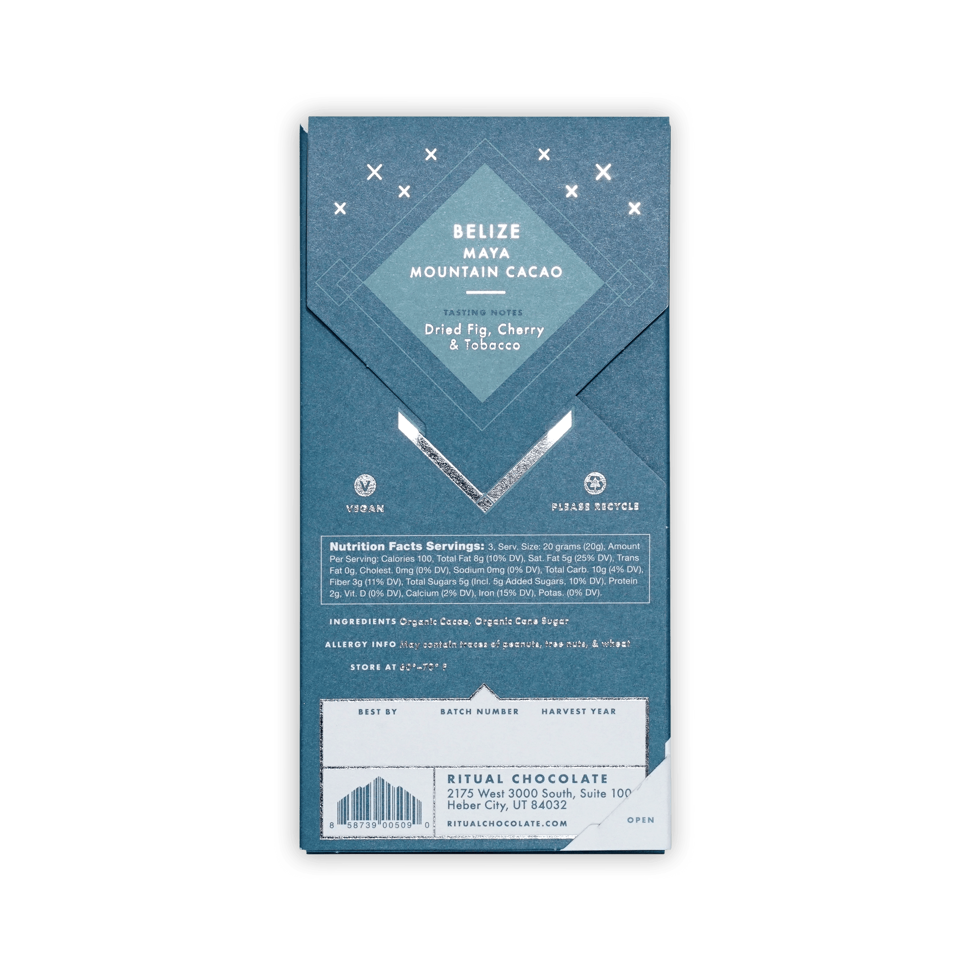 Back of Ritual Belize teal box, tasting notes dried fig, cherry and tobacco, vegan mark and nutrition panel