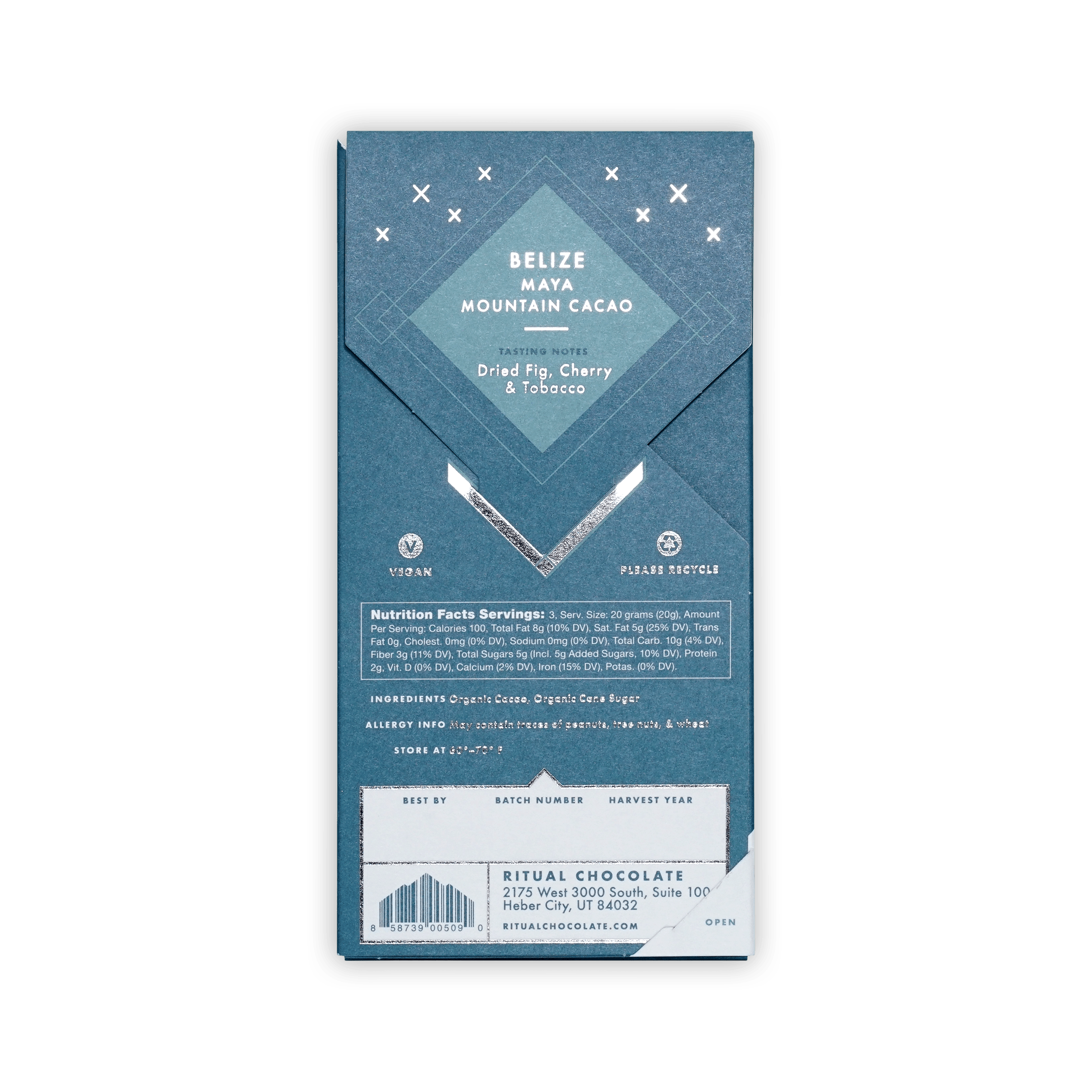 Back of Ritual Belize teal box, tasting notes dried fig, cherry and tobacco, vegan mark and nutrition panel