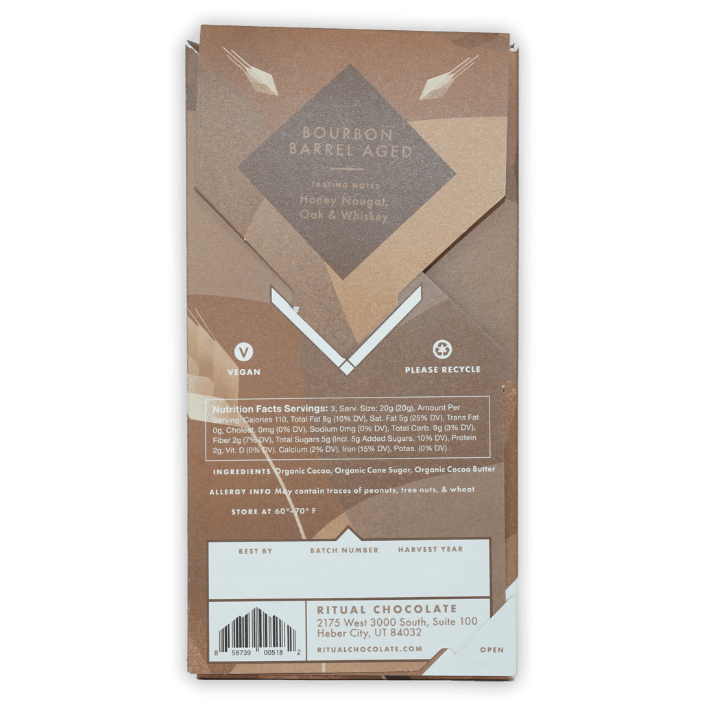 Ritual Bourbon Barrel Aged 75% vegan chocolate bar wrapper
