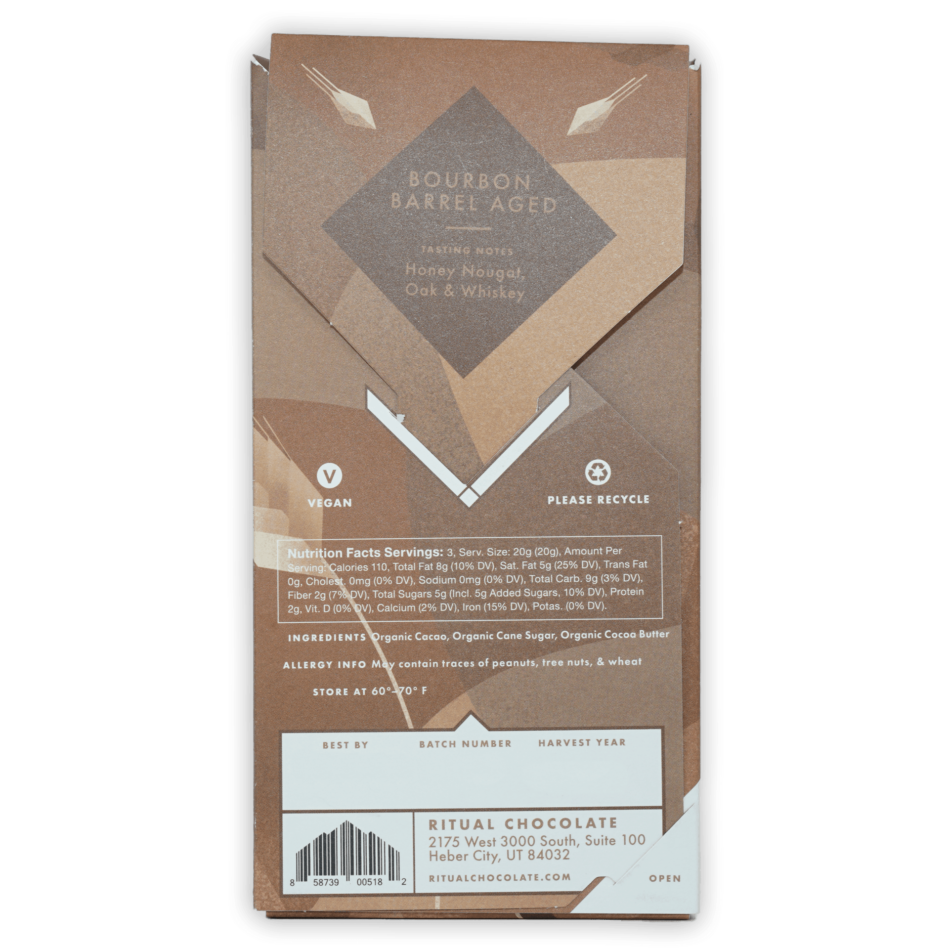 Ritual Bourbon Barrel Aged 75% vegan chocolate bar wrapper