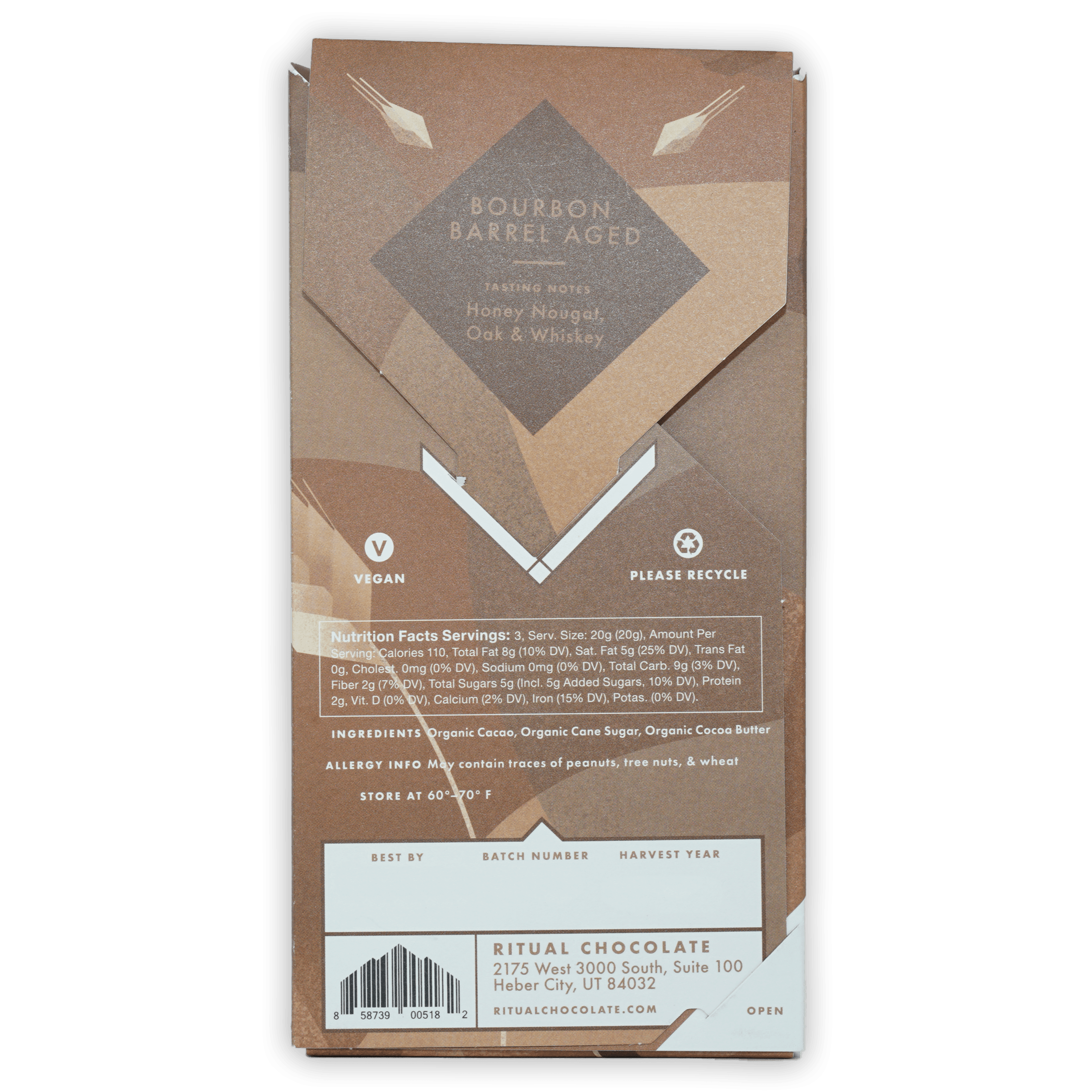 Ritual Bourbon Barrel Aged 75% vegan chocolate bar wrapper