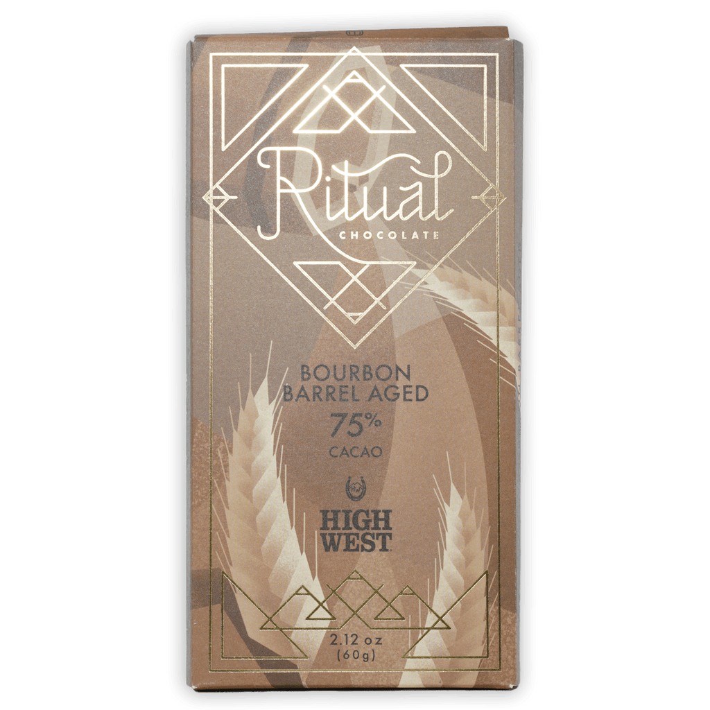 Ritual Bourbon Barrel Aged 75% brown gold foil bar with art deco wheat patterns