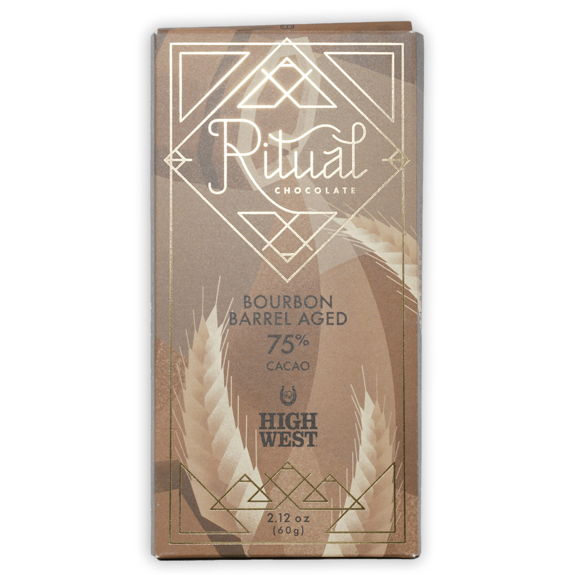 Ritual Bourbon Barrel Aged 75% brown gold foil bar with art deco wheat patterns