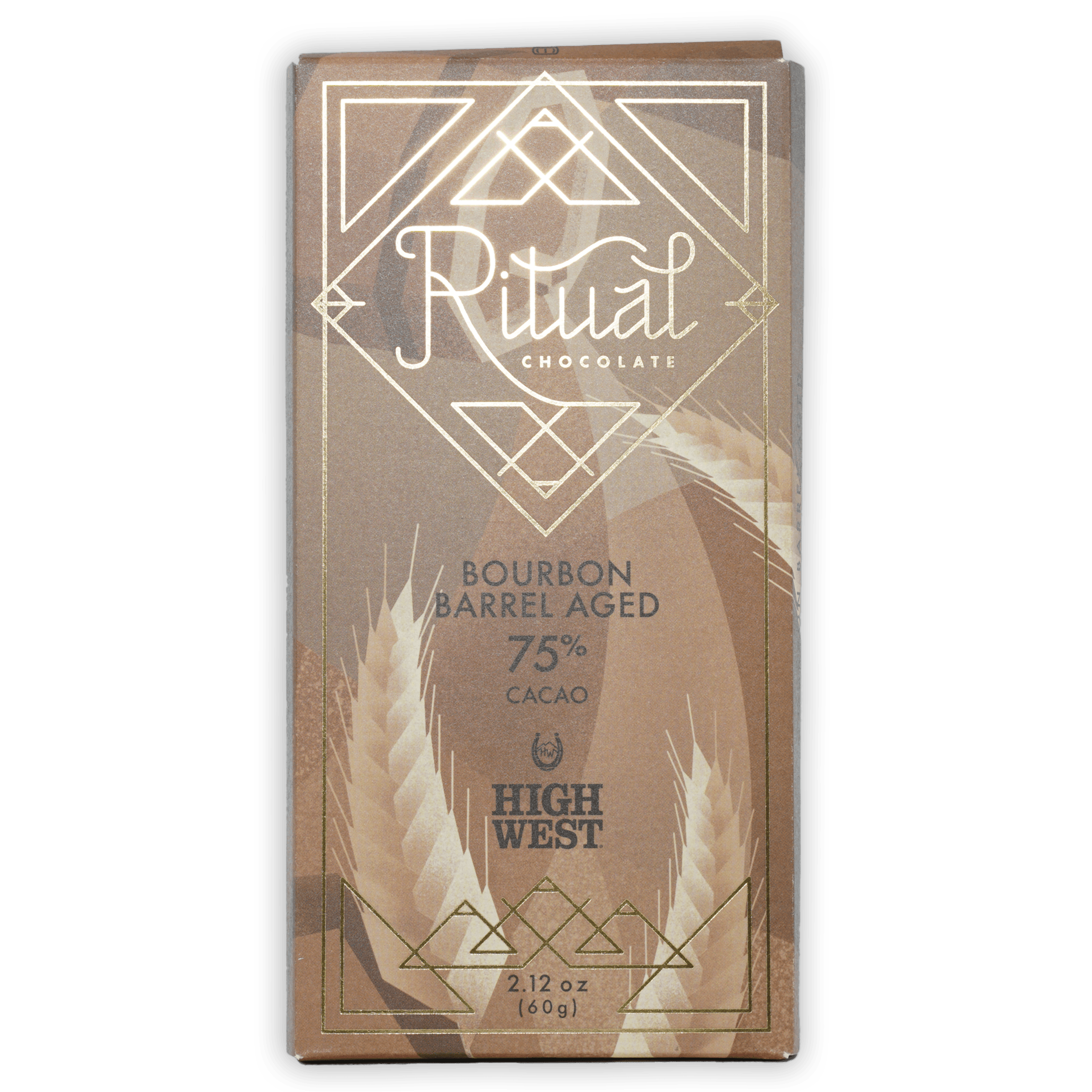 Ritual Bourbon Barrel Aged 75% brown gold foil bar with art deco wheat patterns