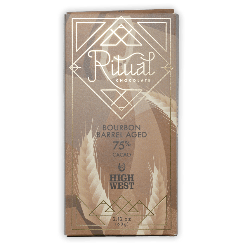Ritual Bourbon Barrel Aged 75% brown gold foil bar with art deco wheat patterns