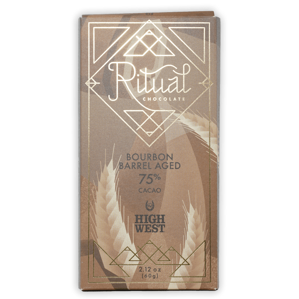 Ritual Bourbon Barrel Aged 75% brown gold foil bar with art deco wheat patterns