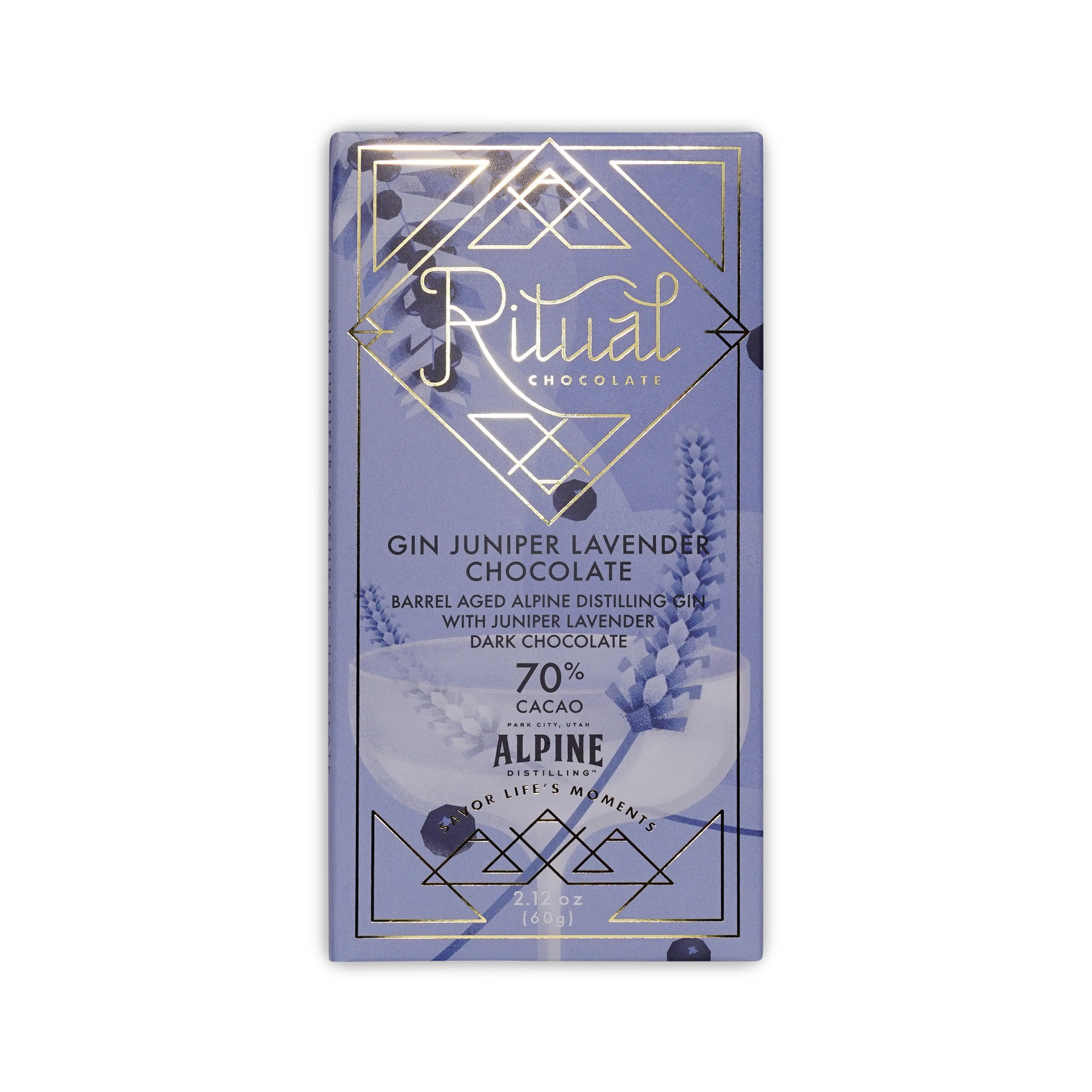 Ritual Chocolate Gin Juniper Lavender bar in a pale purple box with a gold foil diamond logo, 70% cacao, 2.12 oz.