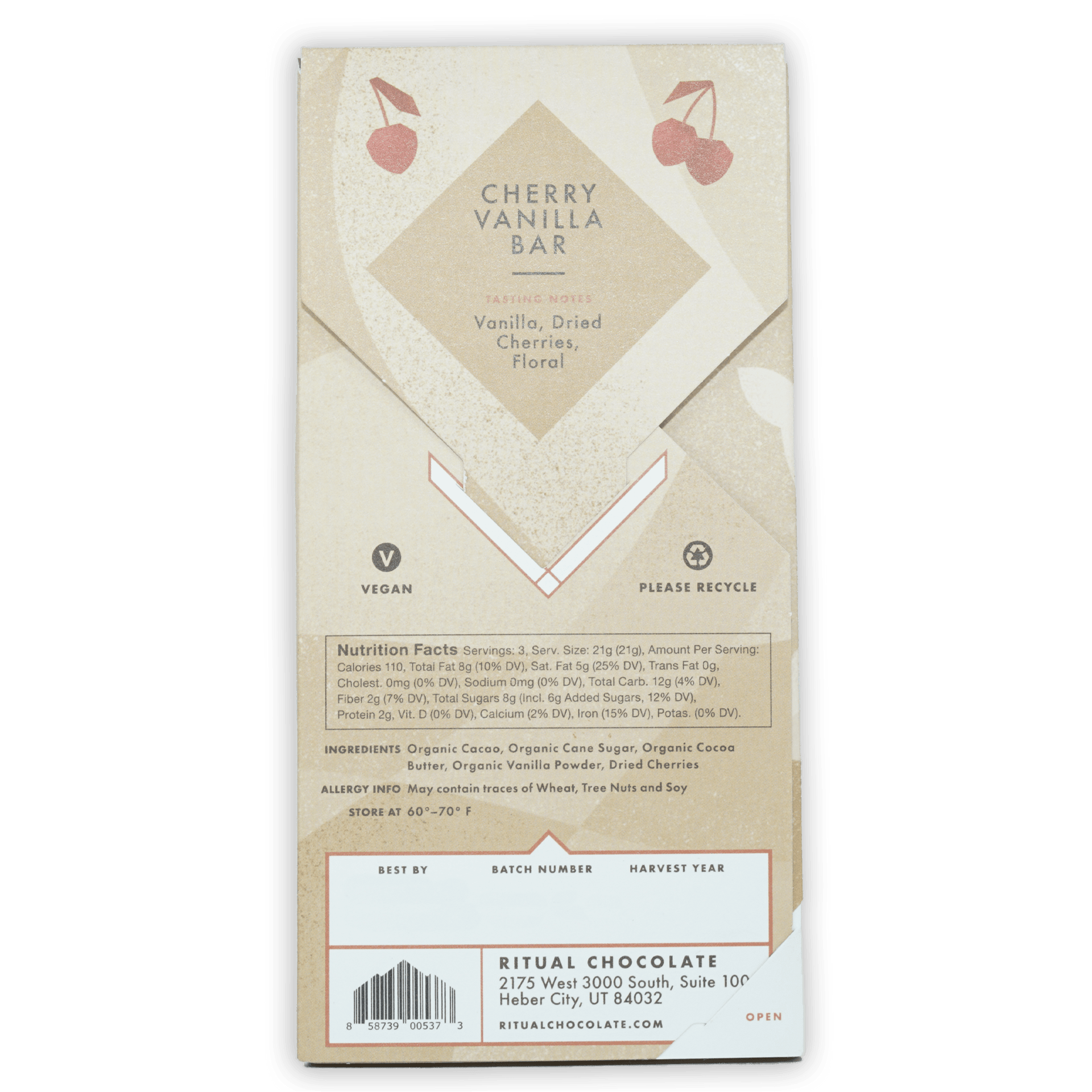 Ritual Dark Cherry Vanilla Bar 70% wrapper with cherry illustrations