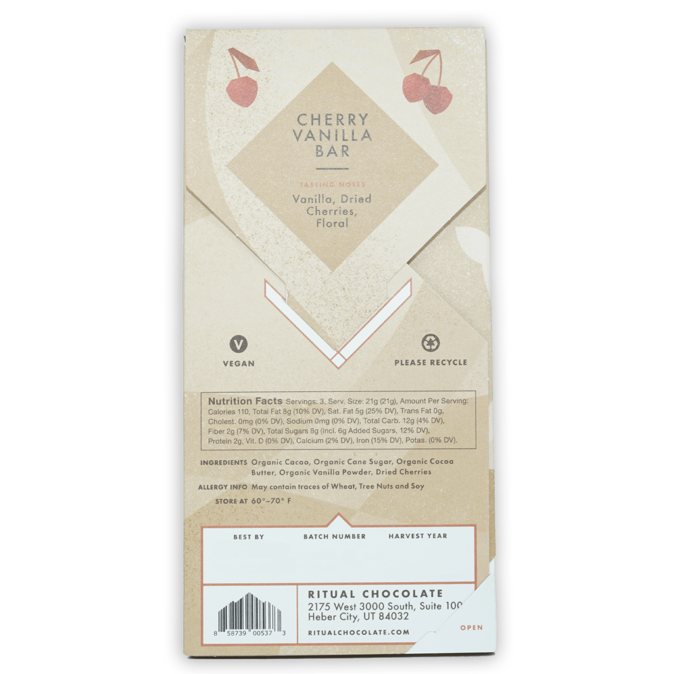 Ritual Dark Cherry Vanilla Bar 70% wrapper with cherry illustrations