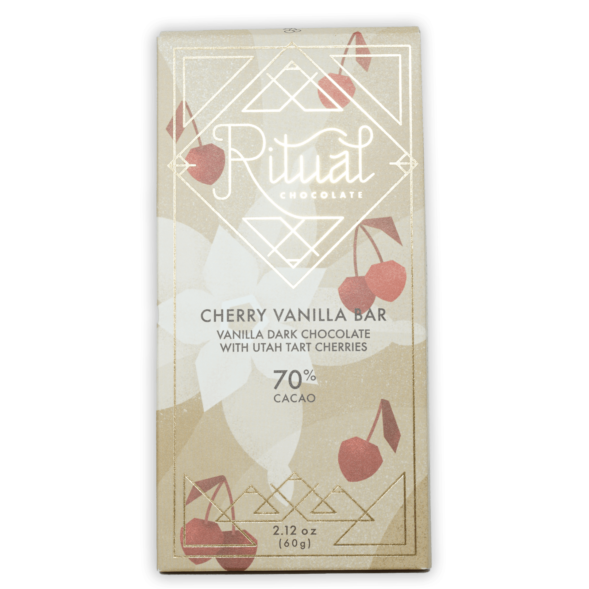 Ritual Dark Cherry Vanilla Bar 70% in beige wrapper with cherries