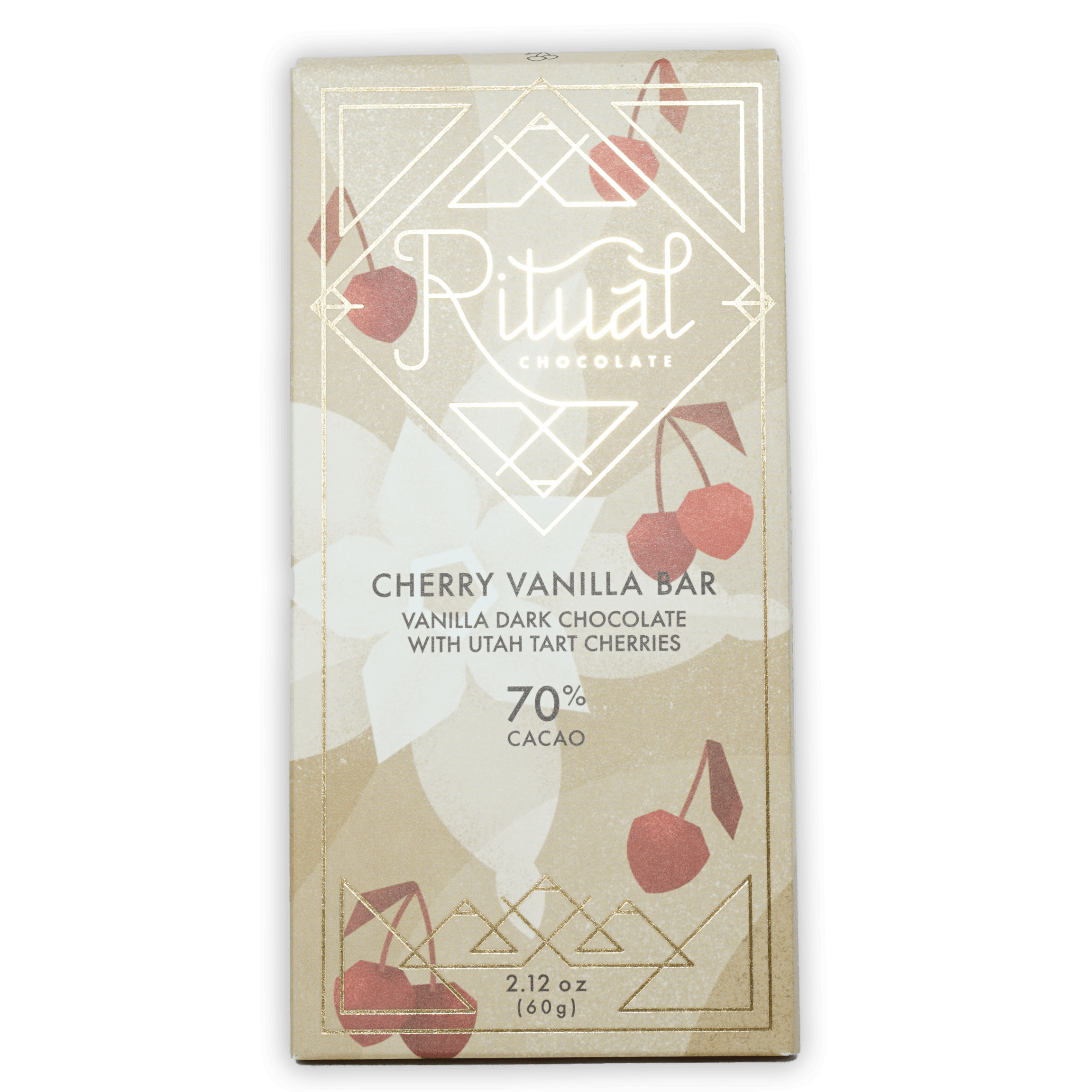 Ritual Dark Cherry Vanilla Bar 70% in beige wrapper with cherries