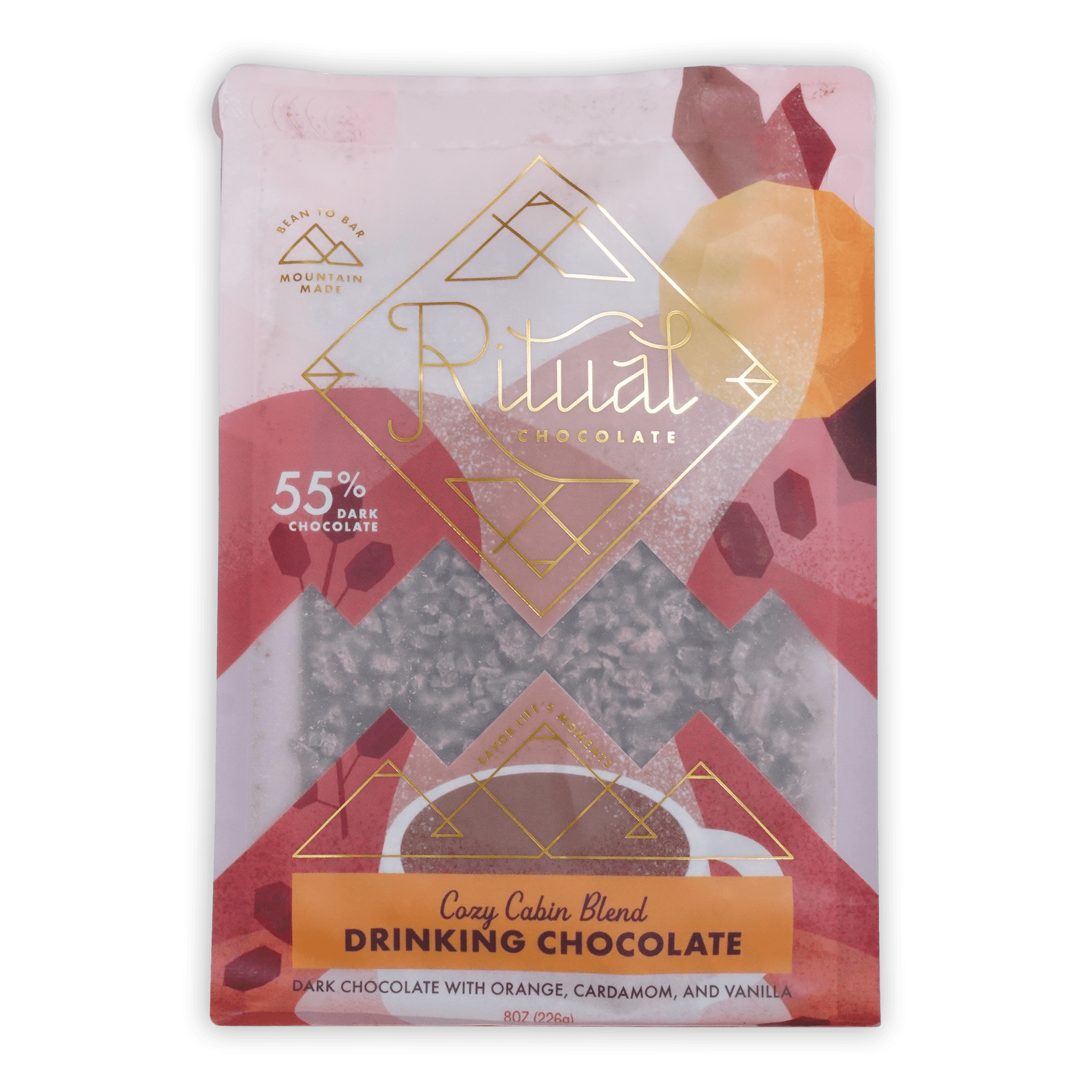 Ritual drinking chocolate cozy cabin 55 percent in pink and gold foil pouch with geometric mountain design