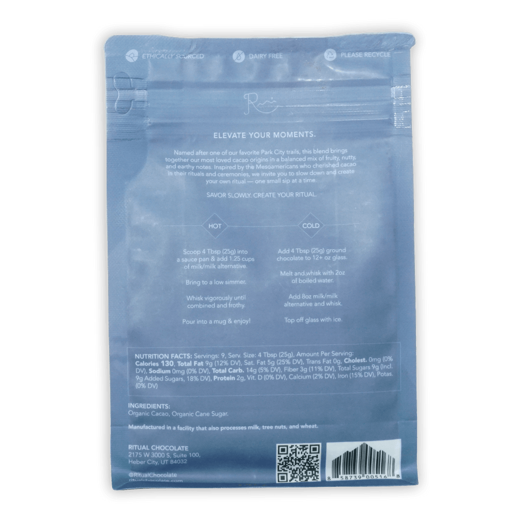 Translucent blue resealable pouch of Ritual Drinking Chocolate Mid Mountain 65% cacao blend