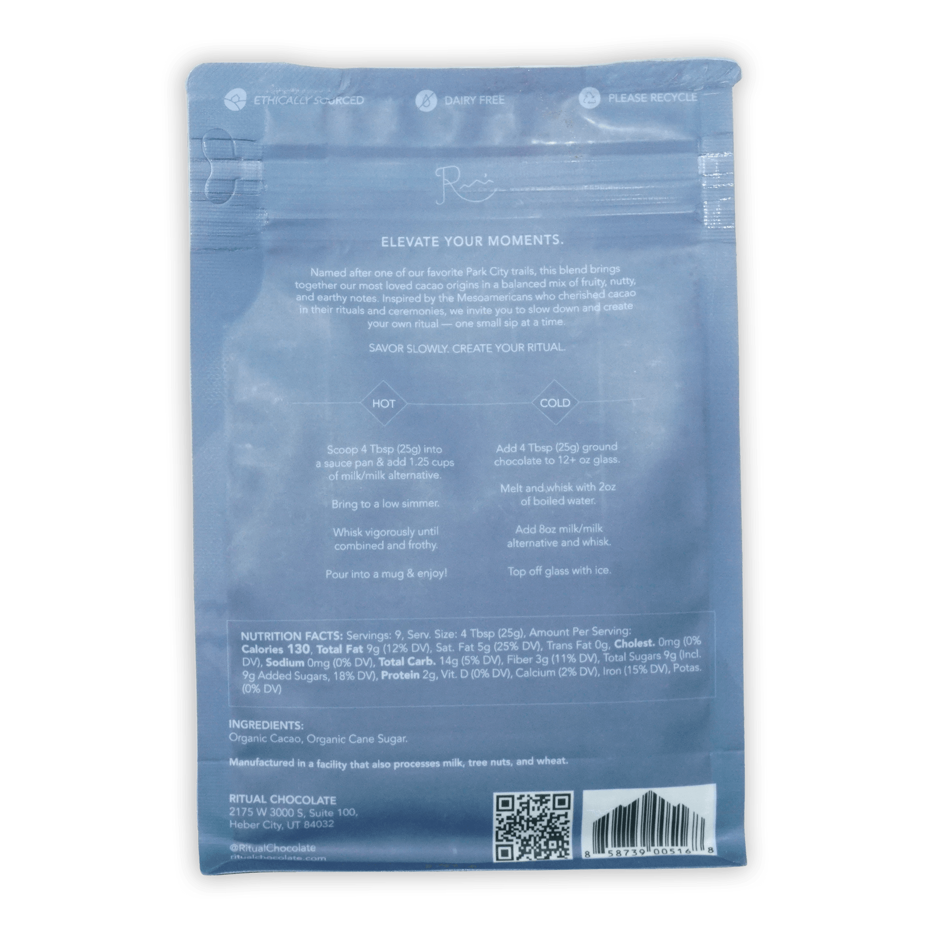 Translucent blue resealable pouch of Ritual Drinking Chocolate Mid Mountain 65% cacao blend
