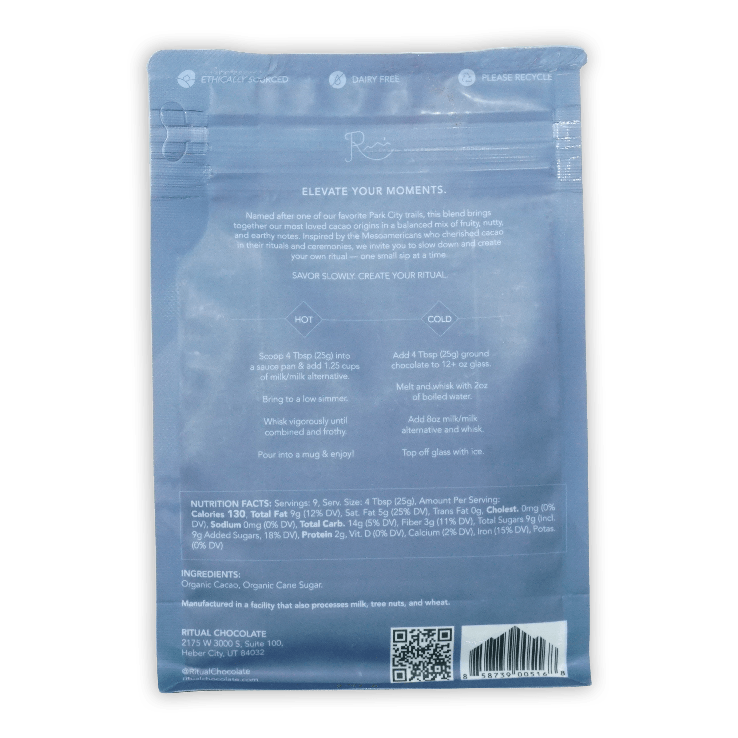Translucent blue resealable pouch of Ritual Drinking Chocolate Mid Mountain 65% cacao blend