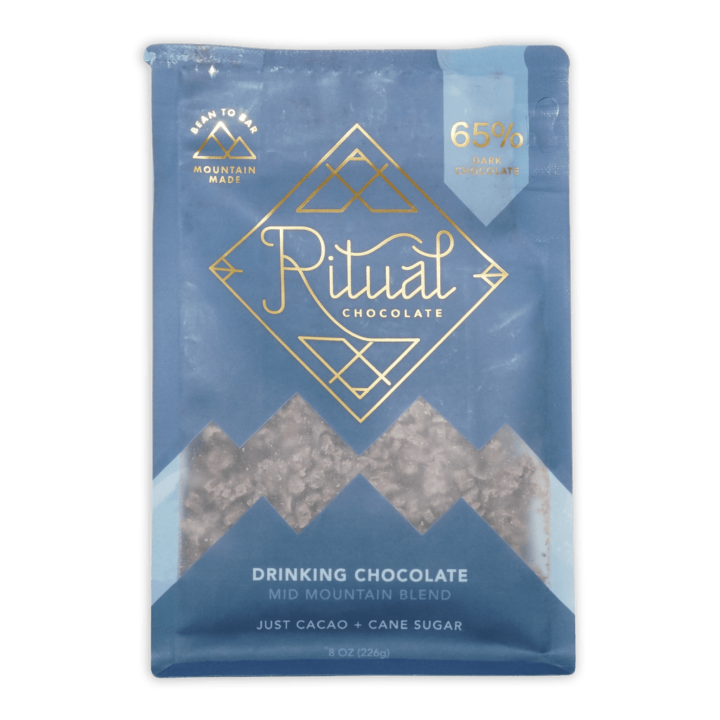 Ritual Mid Mountain 65% dark drinking chocolate in blue gold foil with cacao pieces