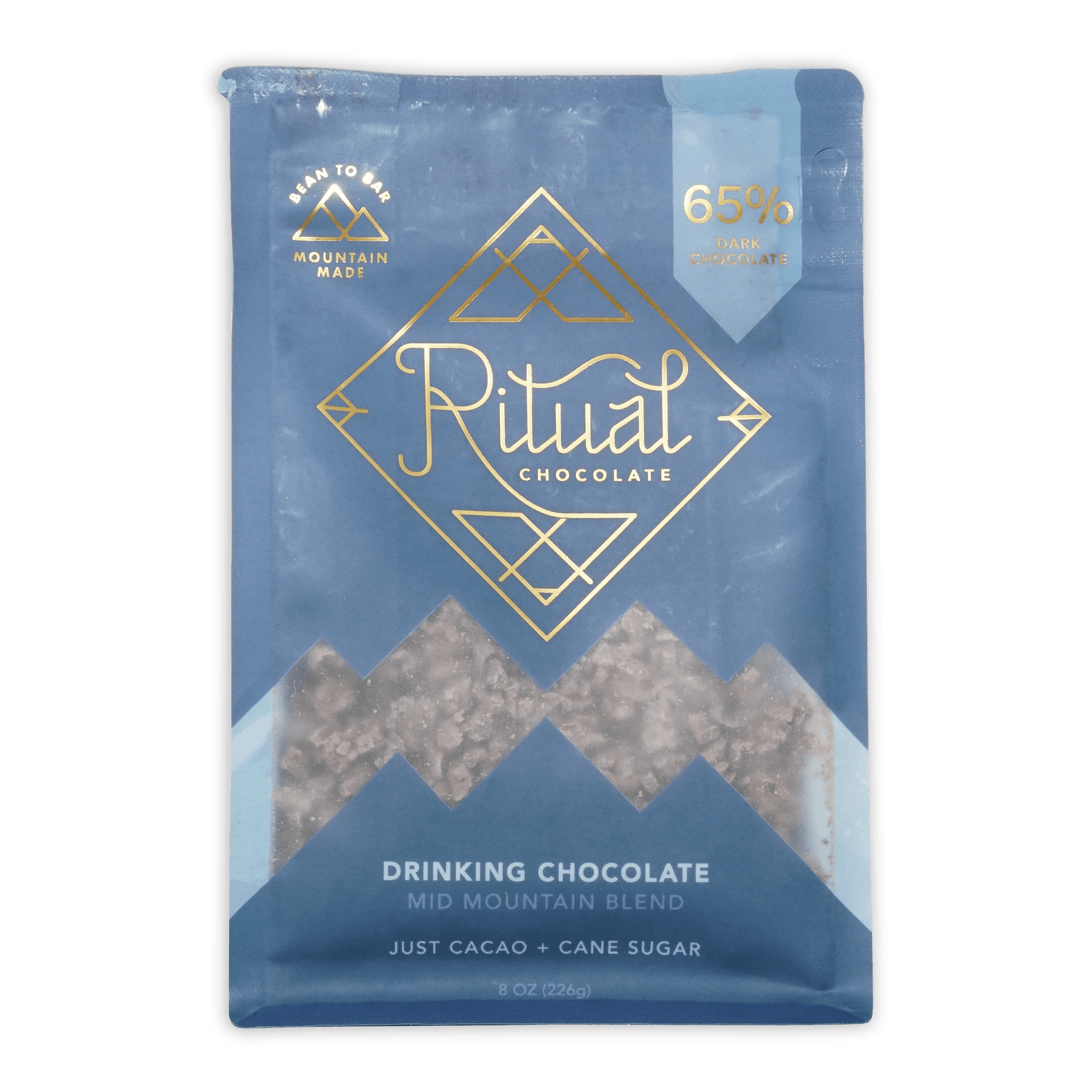 Ritual Mid Mountain 65% dark drinking chocolate in blue gold foil with cacao pieces