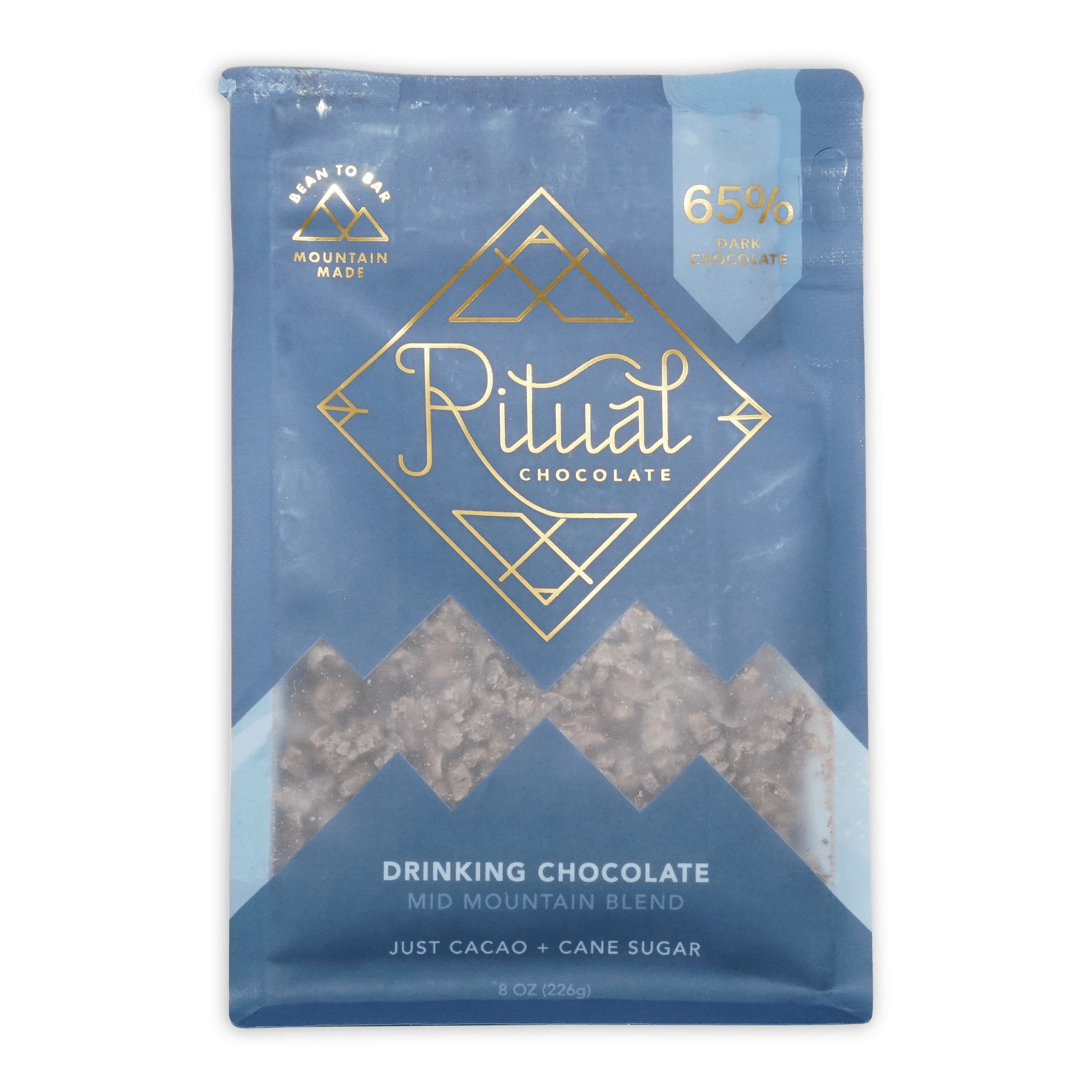 Ritual Mid Mountain 65% dark drinking chocolate in blue gold foil with cacao pieces