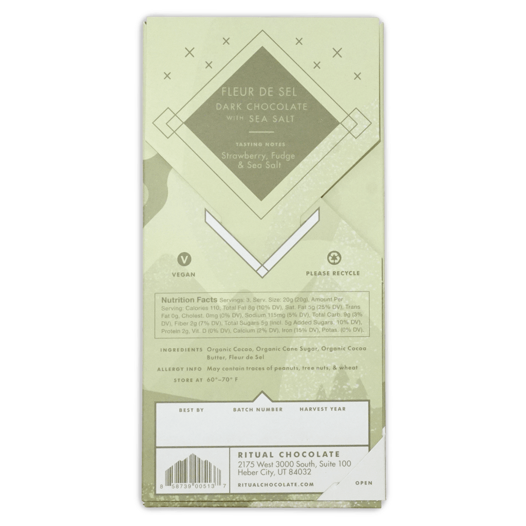 Back of the sage green Ritual Fleur de Sel box showing tasting notes, nutrition facts, ingredients, and a barcode.