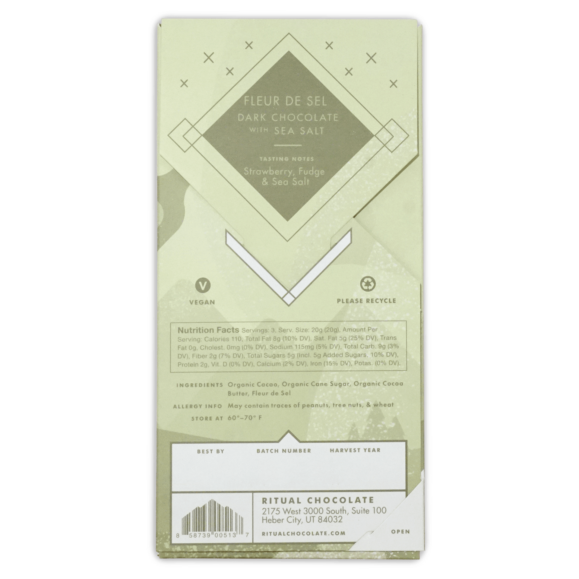 Back of the sage green Ritual Fleur de Sel box showing tasting notes, nutrition facts, ingredients, and a barcode.