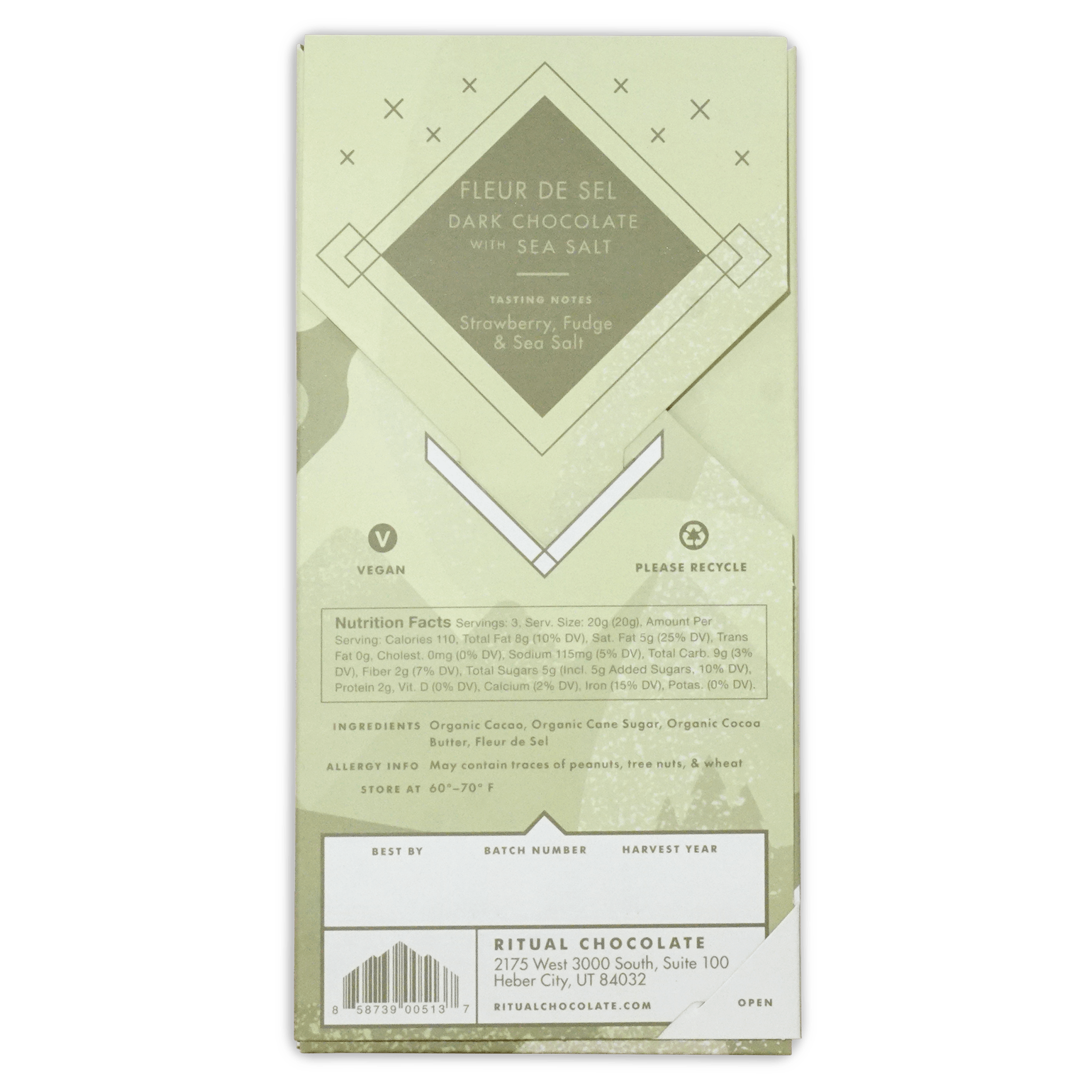 Back of the sage green Ritual Fleur de Sel box showing tasting notes, nutrition facts, ingredients, and a barcode.
